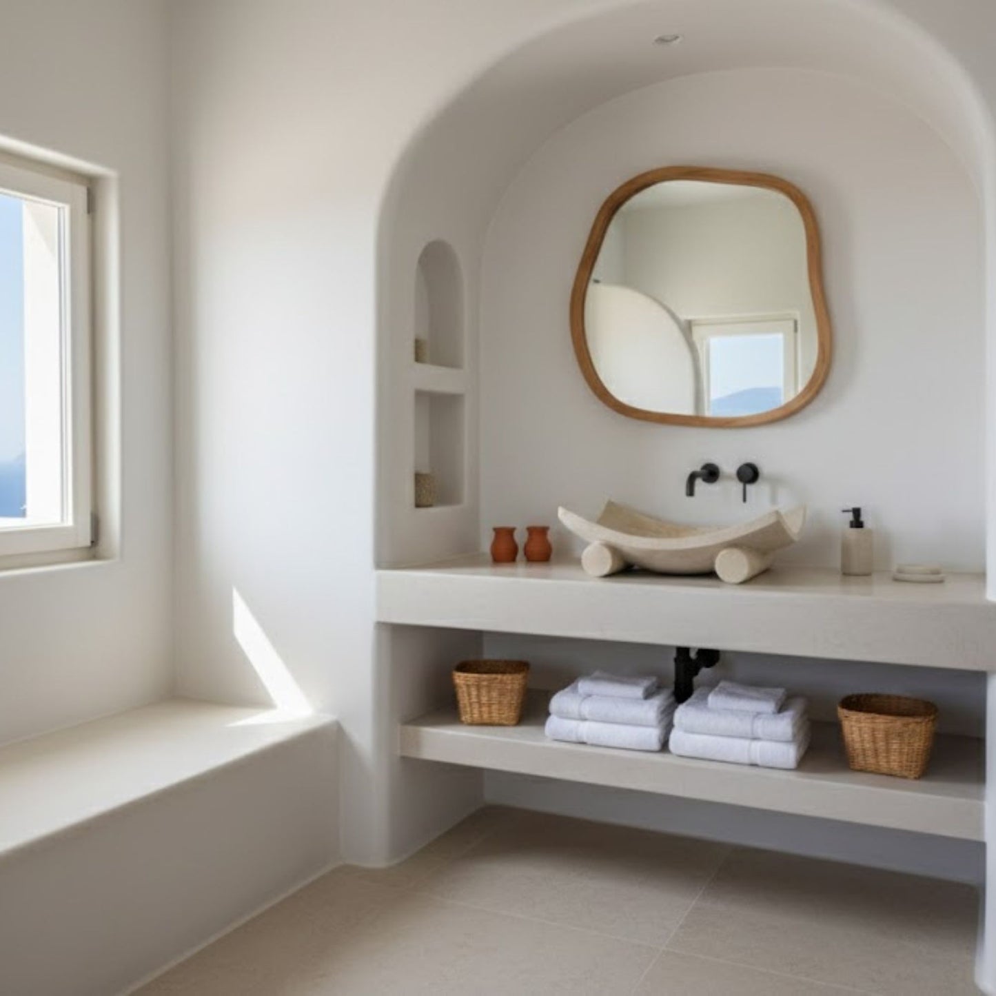 Hand-Carved Zen Pebble Limestone Vessel Sink – Round Matte Cream Natural Stone Basin