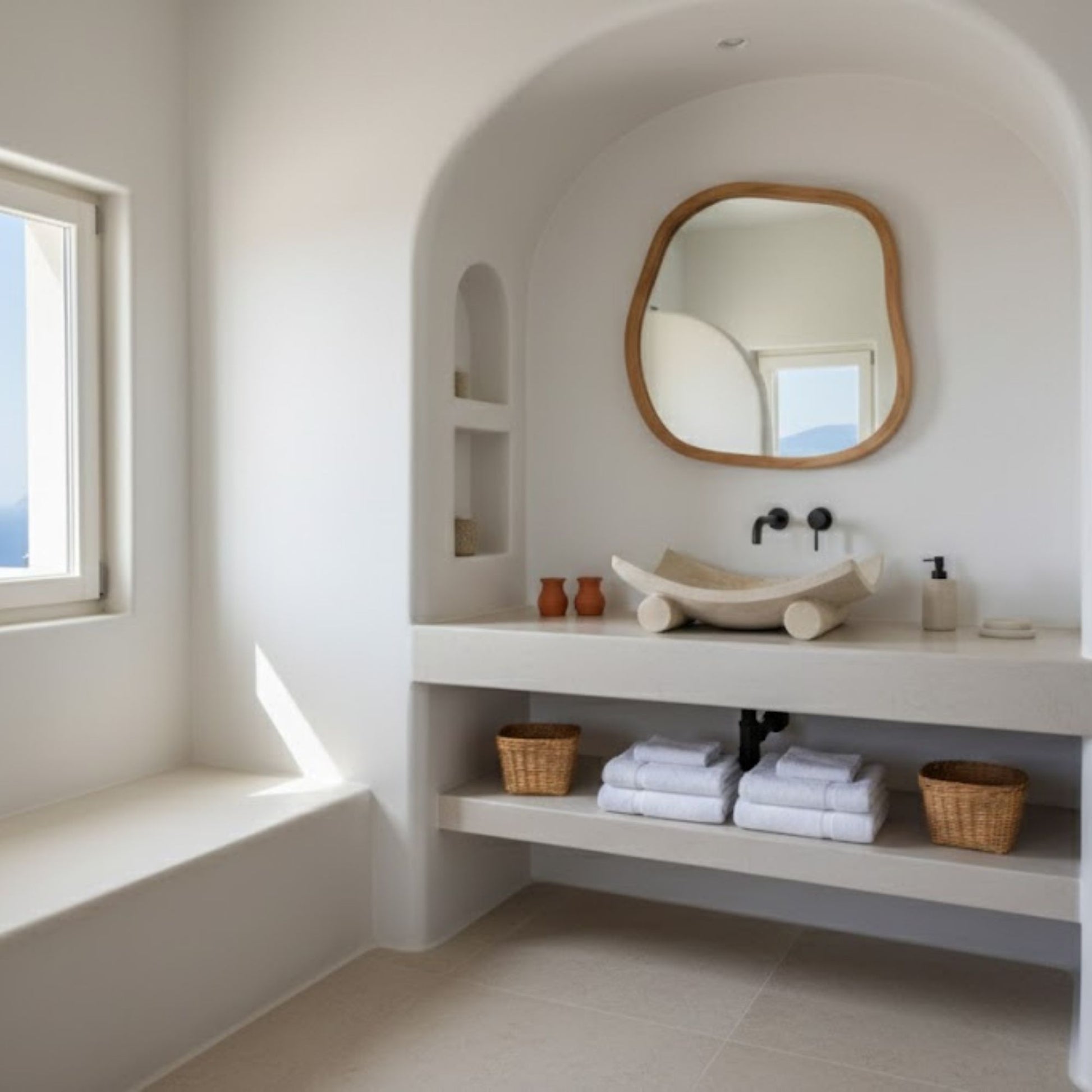 Hand-Carved Zen Pebble Limestone Vessel Sink – Round Matte Cream Natural Stone Basin