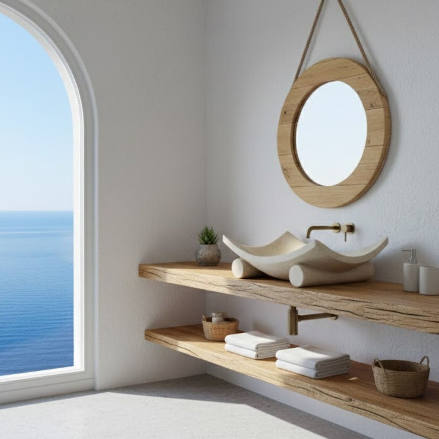 Hand-Carved Zen Pebble Limestone Vessel Sink – Round Matte Cream Natural Stone Basin