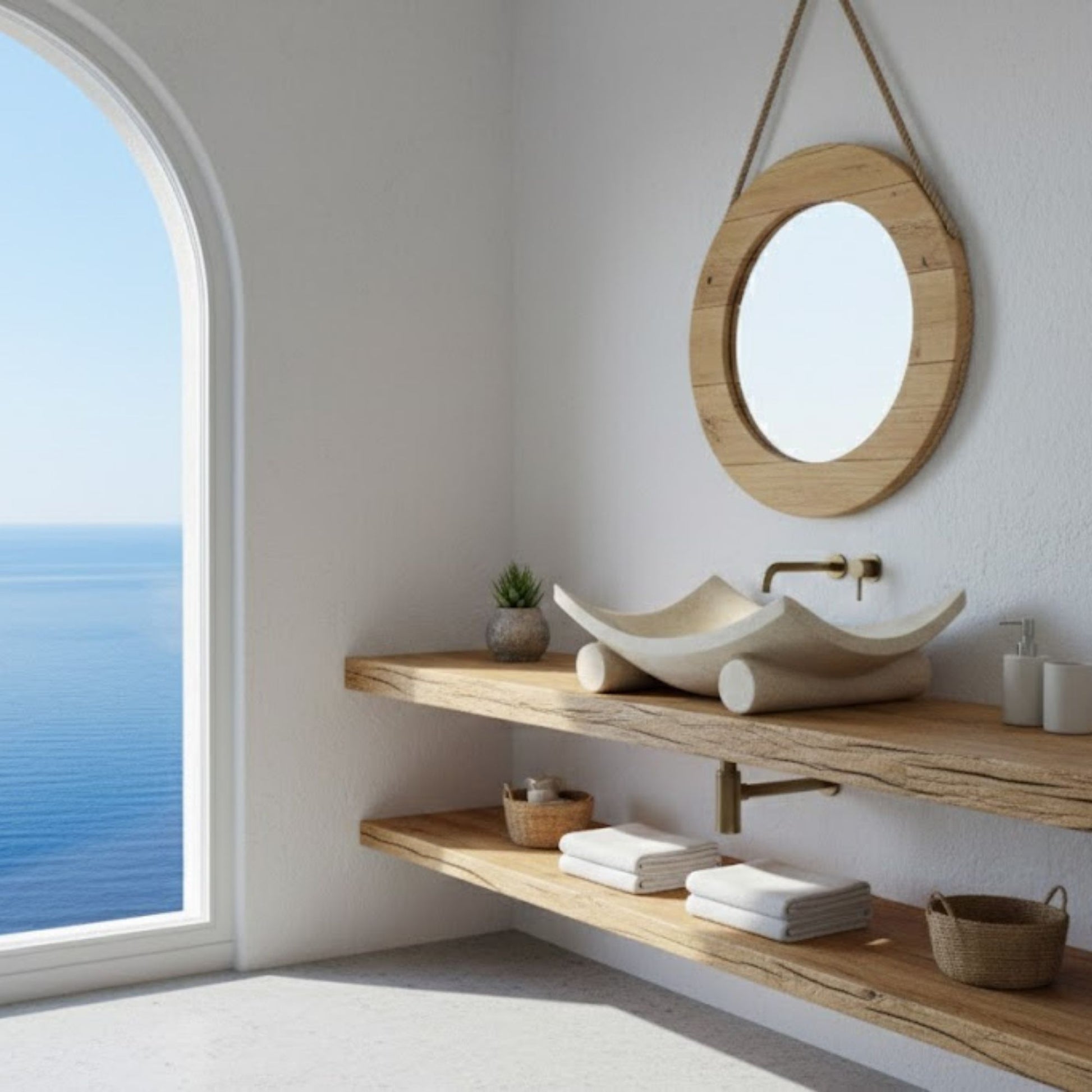 Hand-Carved Zen Pebble Limestone Vessel Sink – Round Matte Cream Natural Stone Basin