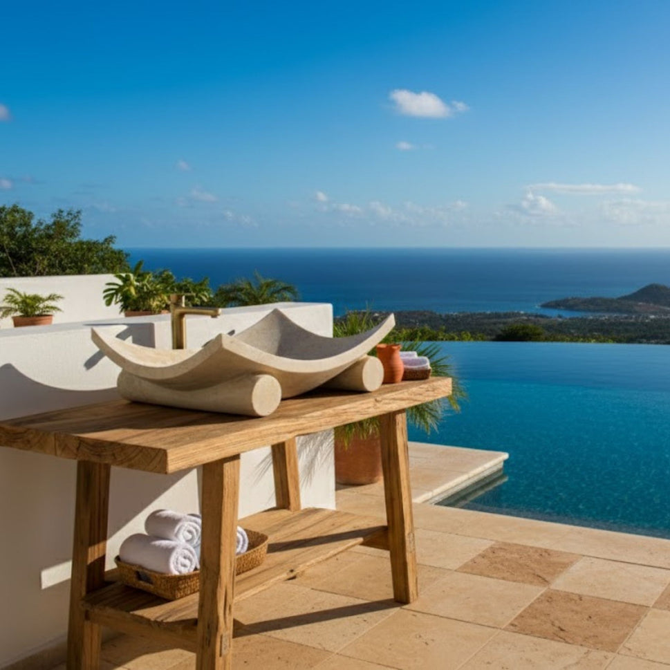 Hand-Carved Zen Pebble Limestone Vessel Sink – Round Matte Cream Natural Stone Basin