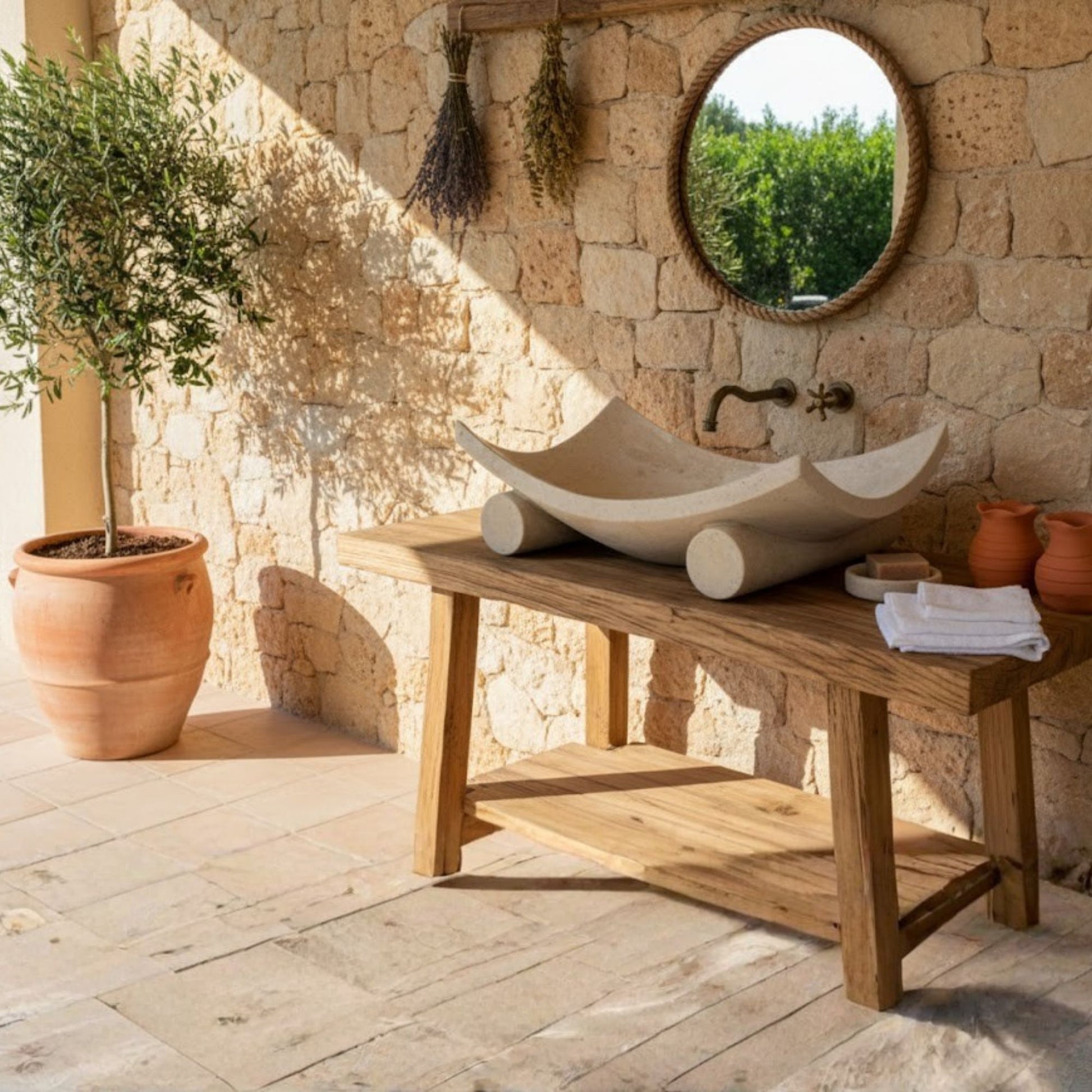 Hand-Carved Zen Pebble Limestone Vessel Sink – Round Matte Cream Natural Stone Basin