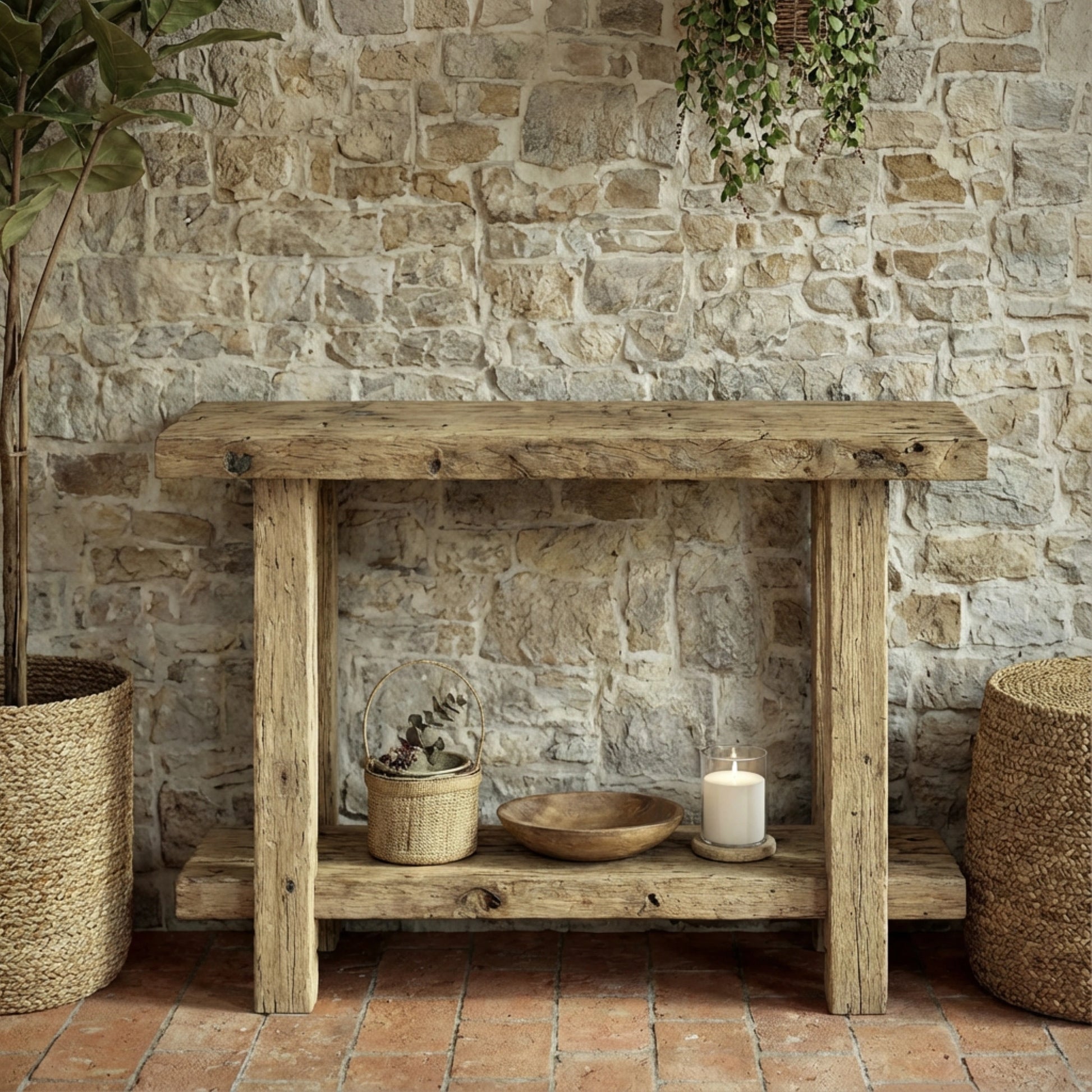 Rustic Entryway Wooden Console Table - Live Edge Wood Bench