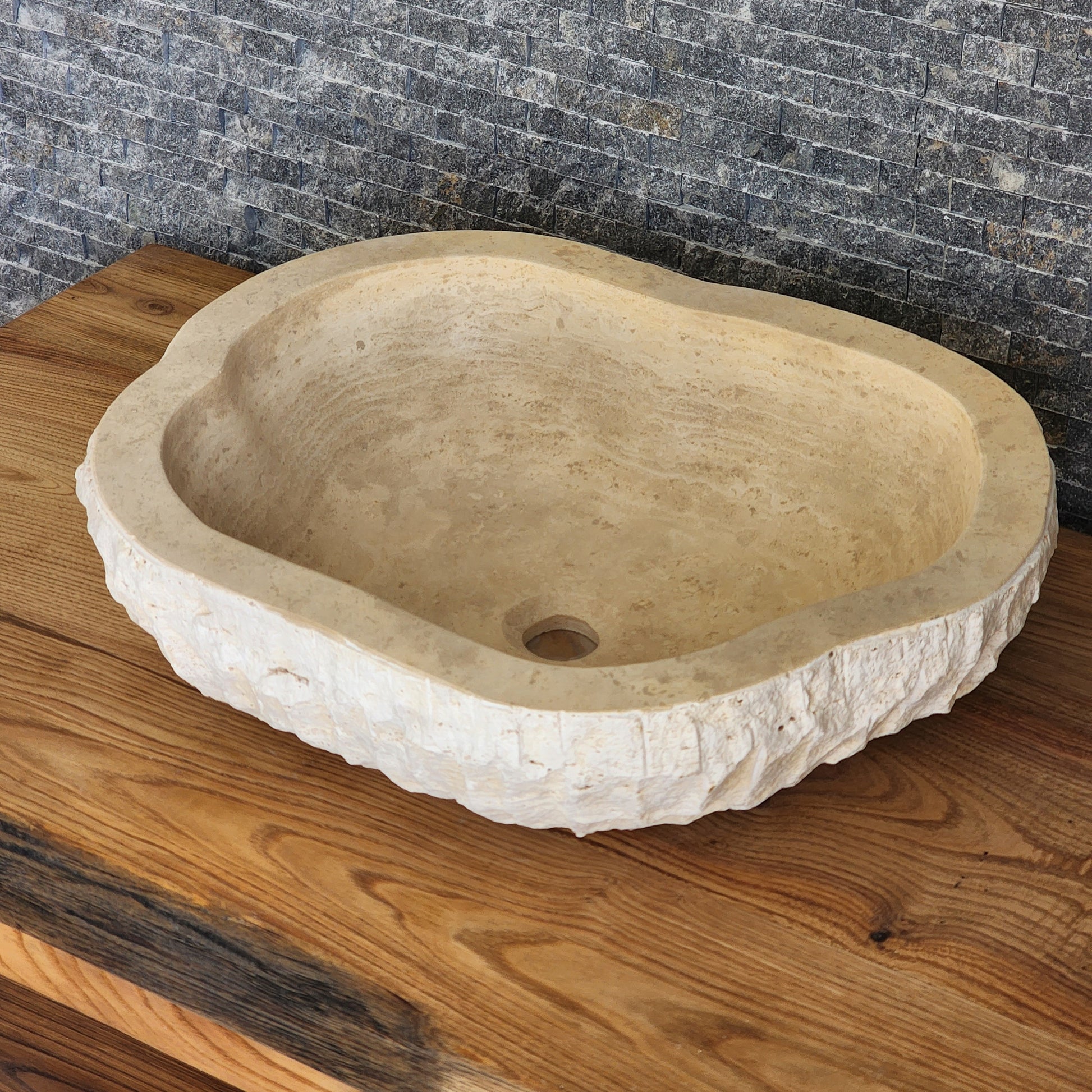 Organic Oval Travertine Vessel Sink - Natural Shape Chiseled Basin