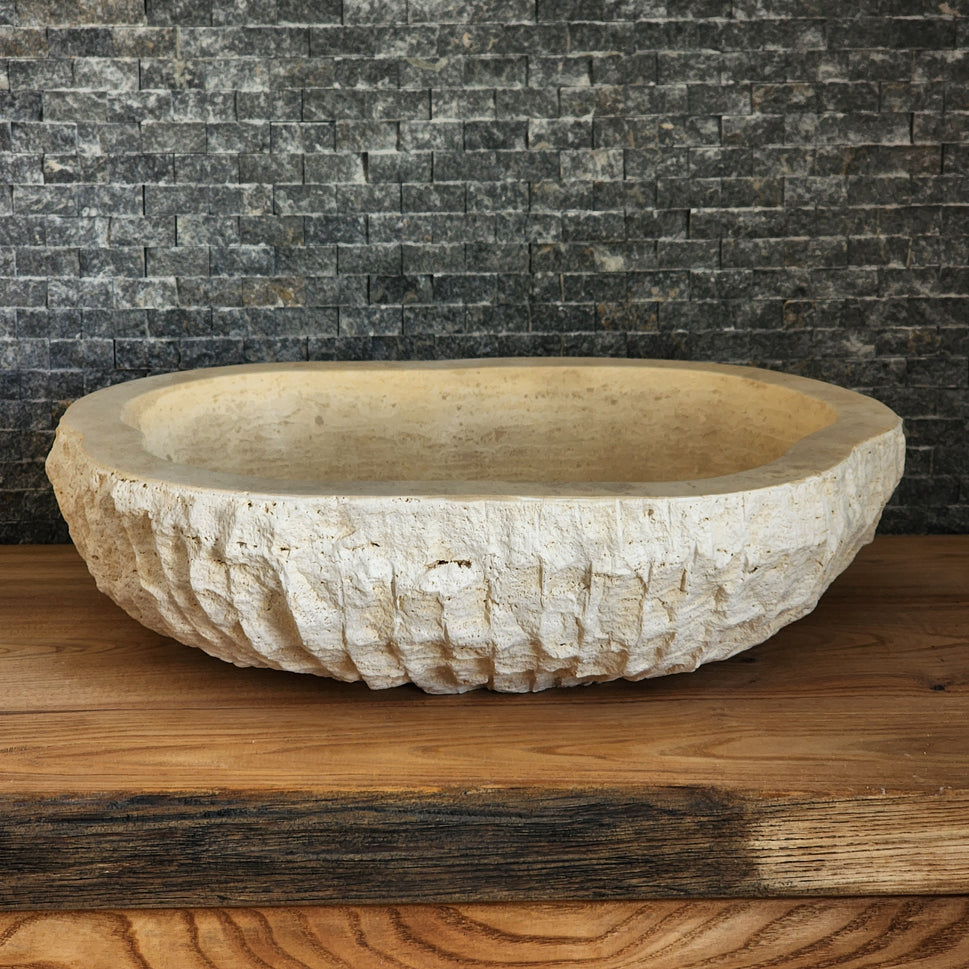 Organic Oval Travertine Vessel Sink - Natural Shape Chiseled Basin