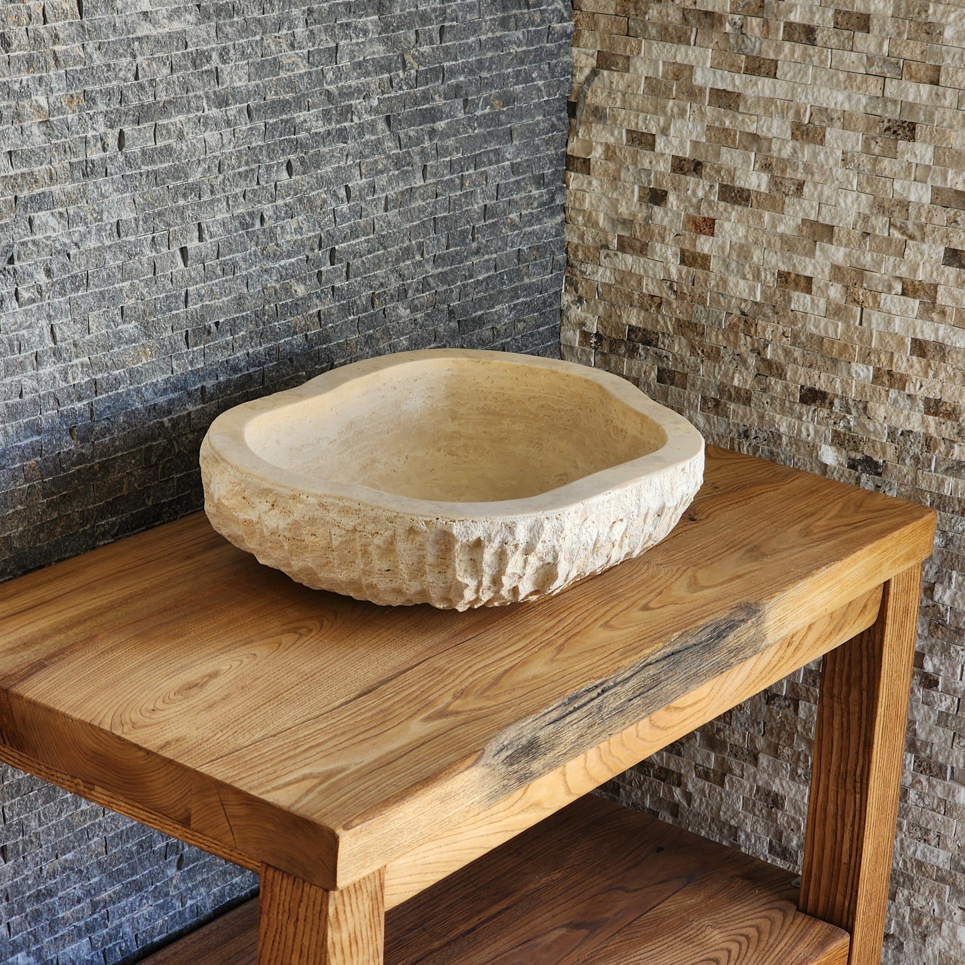 Organic Oval Travertine Vessel Sink - Natural Shape Chiseled Basin