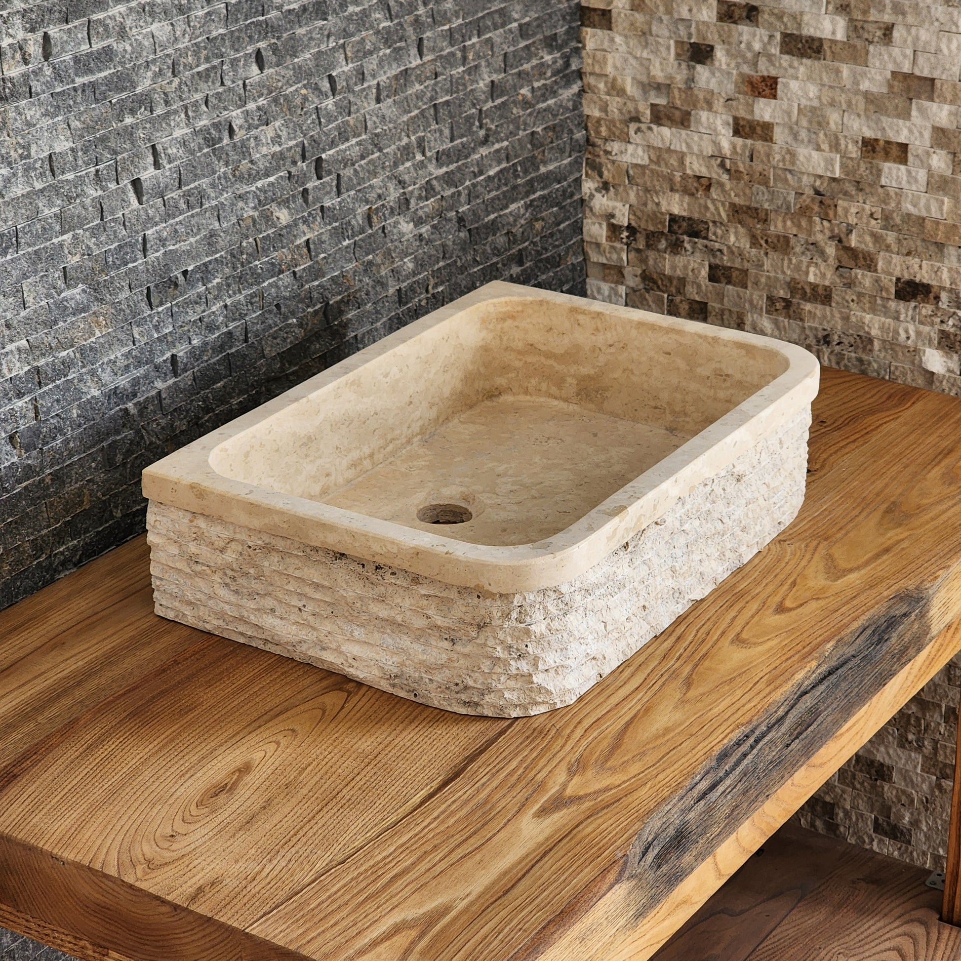Solid Travertine D-Shaped Vessel Sink -  Chiseled Block Basin