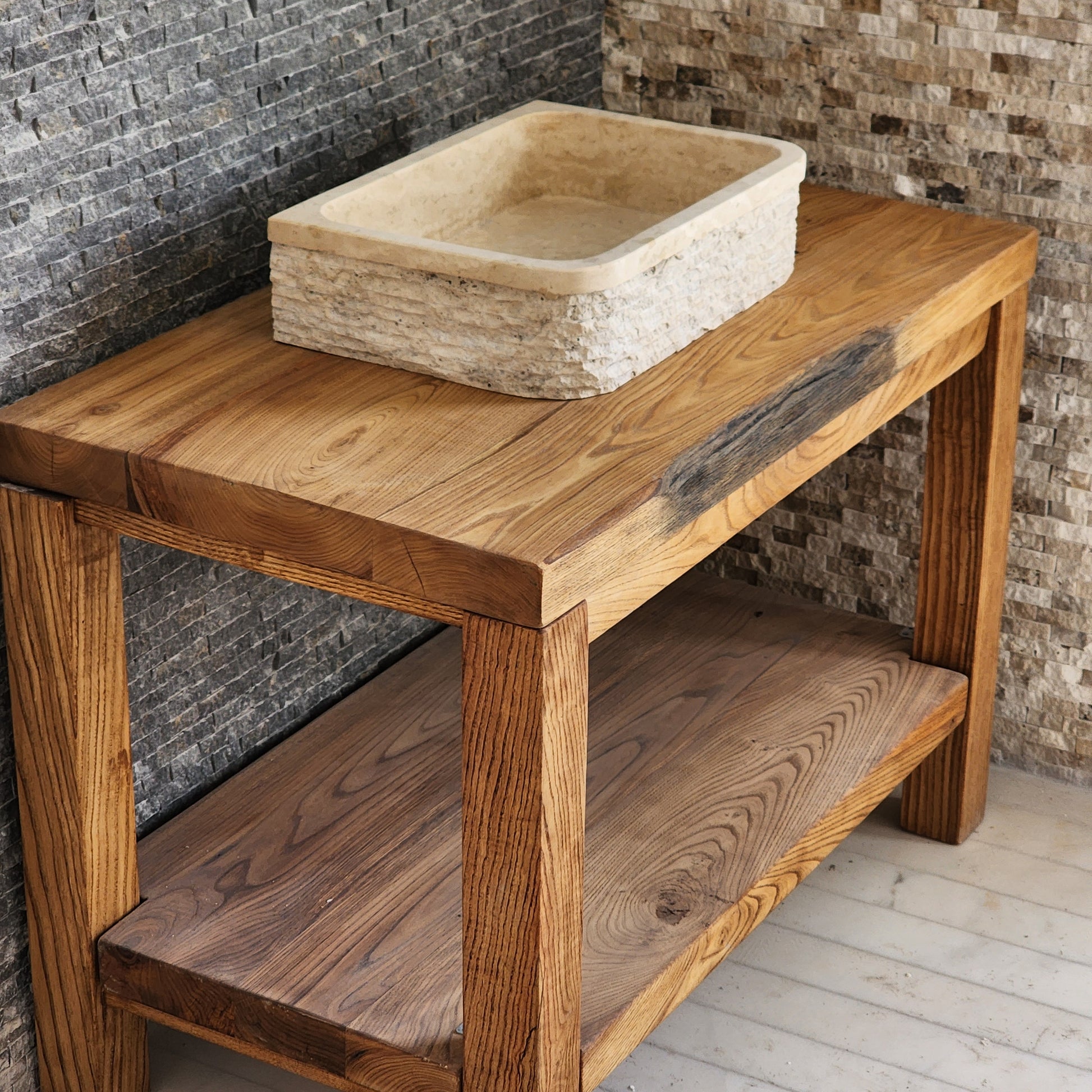 Solid Travertine D-Shaped Vessel Sink -  Chiseled Block Basin