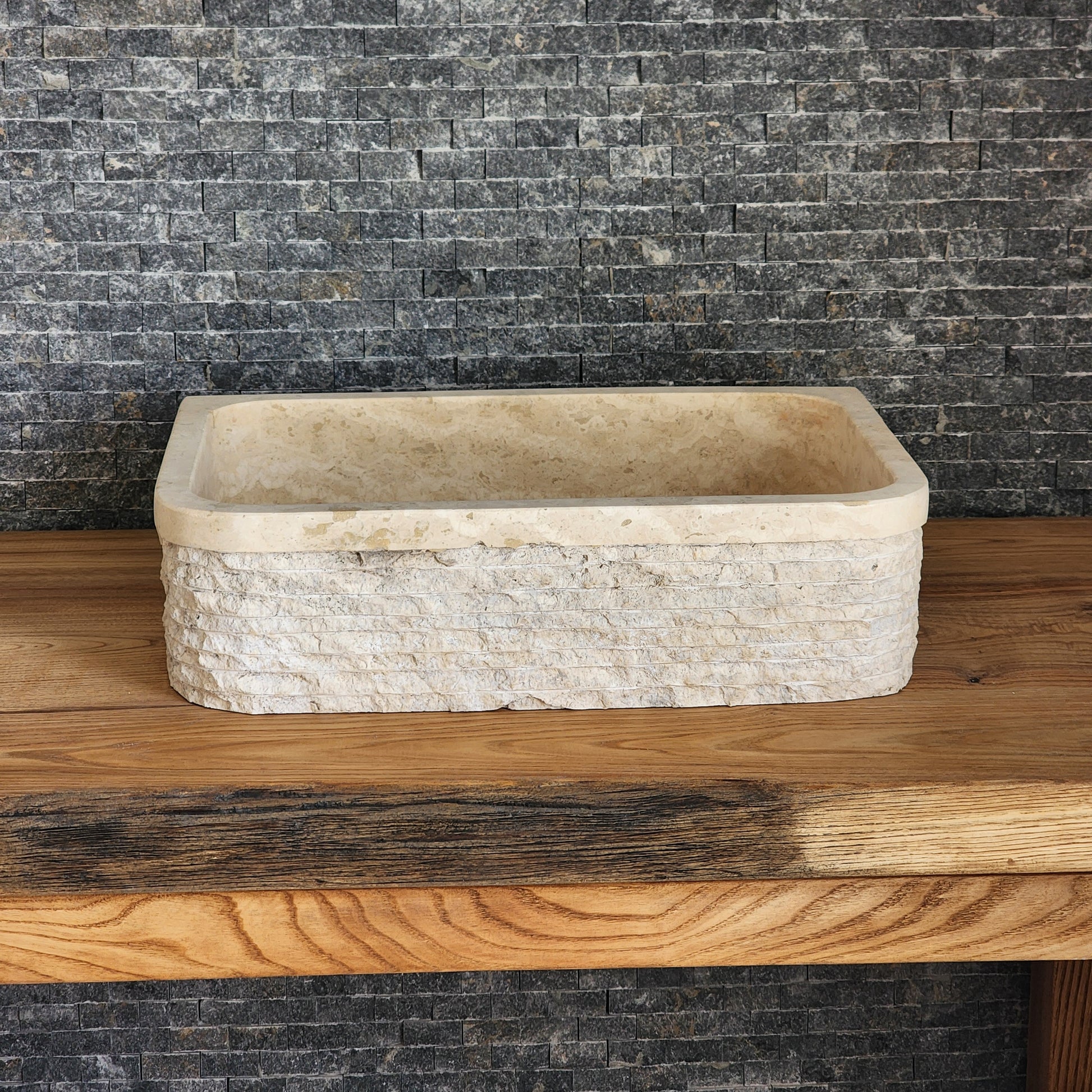 Solid Travertine D-Shaped Vessel Sink -  Chiseled Block Basin