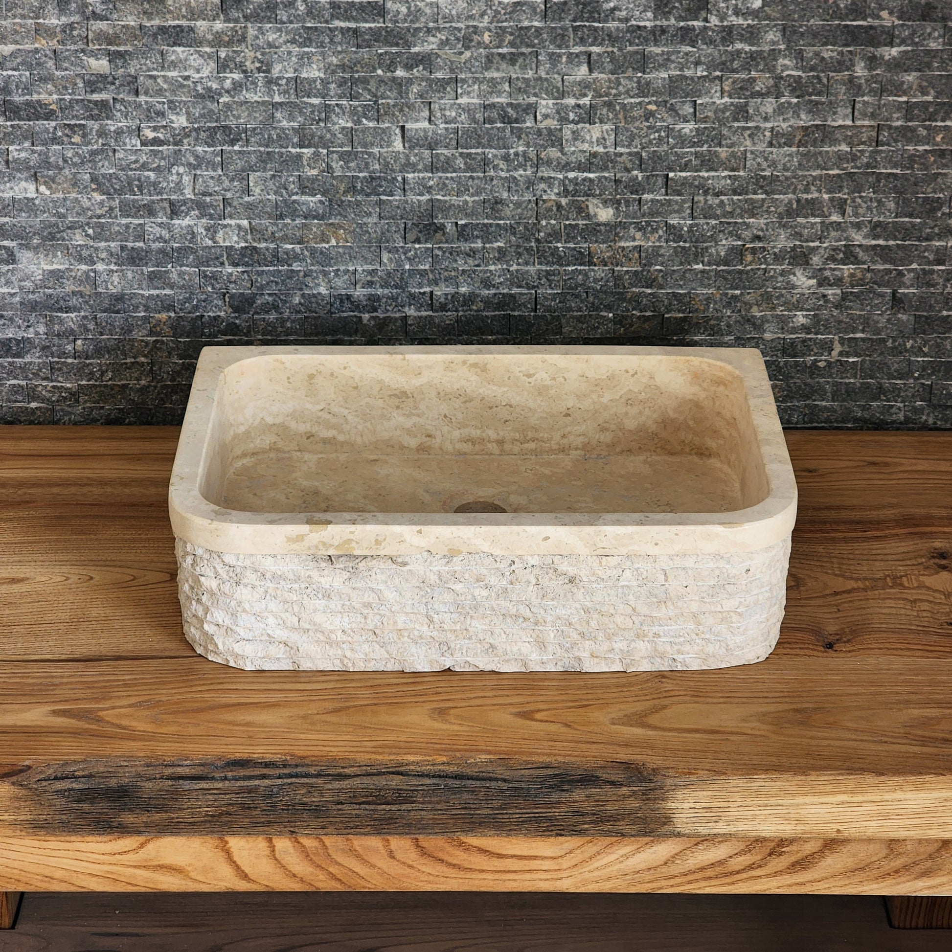 Solid Travertine D-Shaped Vessel Sink -  Chiseled Block Basin