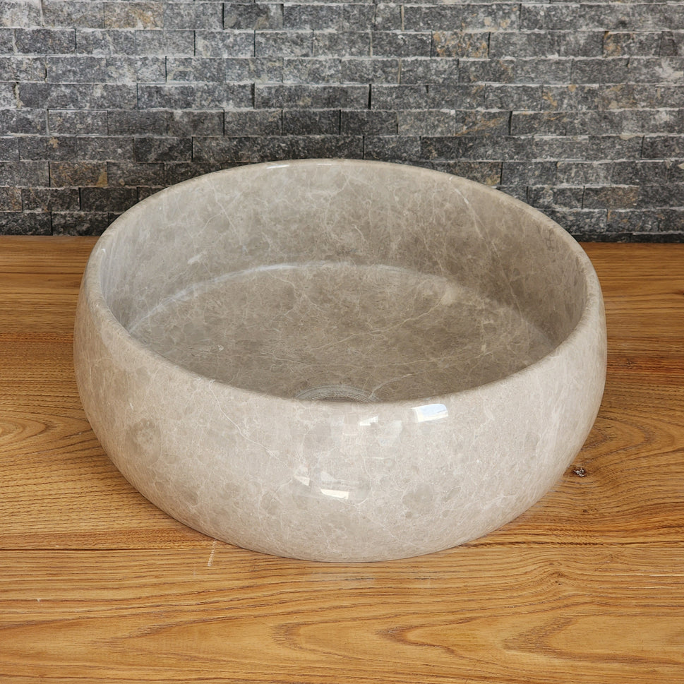 Polished Taupe Marble Vessel Sink - Round Solid Stone Basin