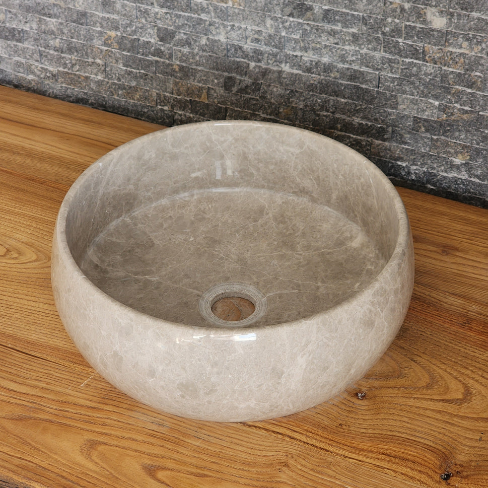 Polished Taupe Marble Vessel Sink - Round Solid Stone Basin