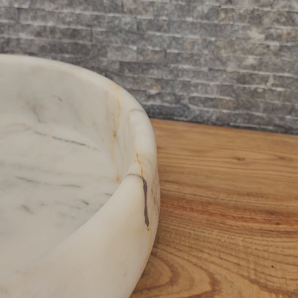 Hand-Carved White Marble Vessel Sink – Round Polished Calacatta-Style Natural Stone Basin