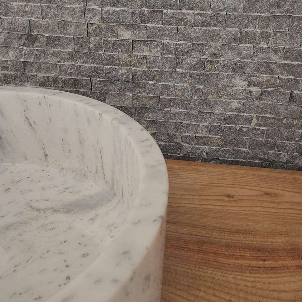 Cylindrical White Marble Vessel Sink - Deep-Dish Monolithic Basin