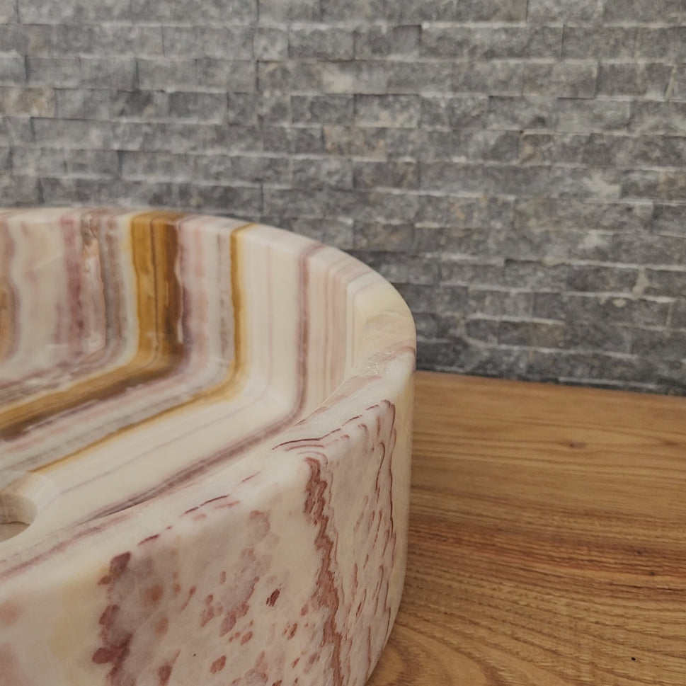 Hand-Carved Multi-Colored Onyx Vessel Sink – Polished Banded Round Natural Stone Basin