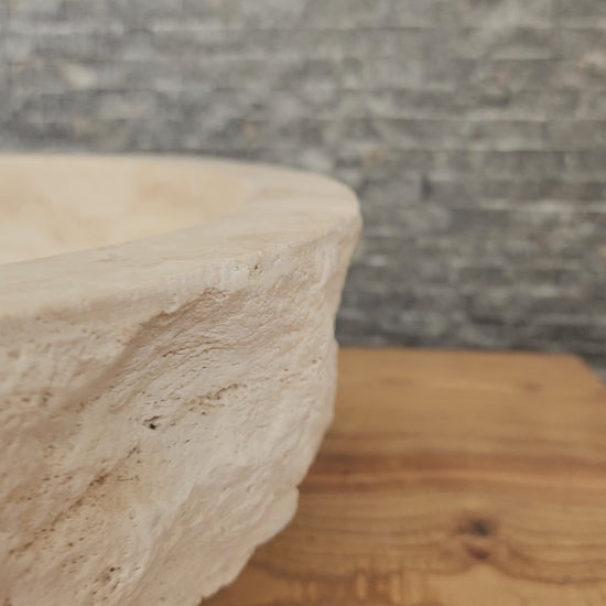 Solid Travertine Oval Vessel Sink - Hand-Chiseled Raw Exterior Basin