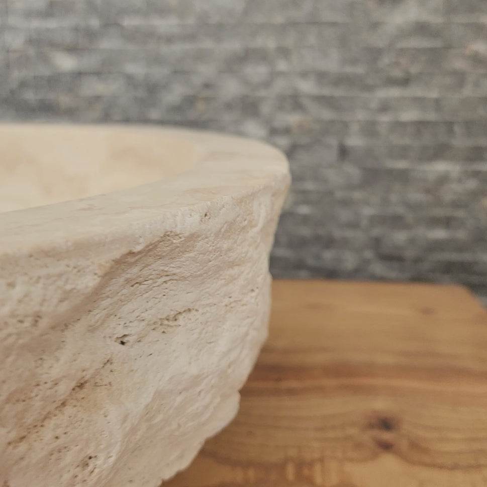 Solid Travertine Oval Vessel Sink - Hand-Chiseled Raw Exterior Basin
