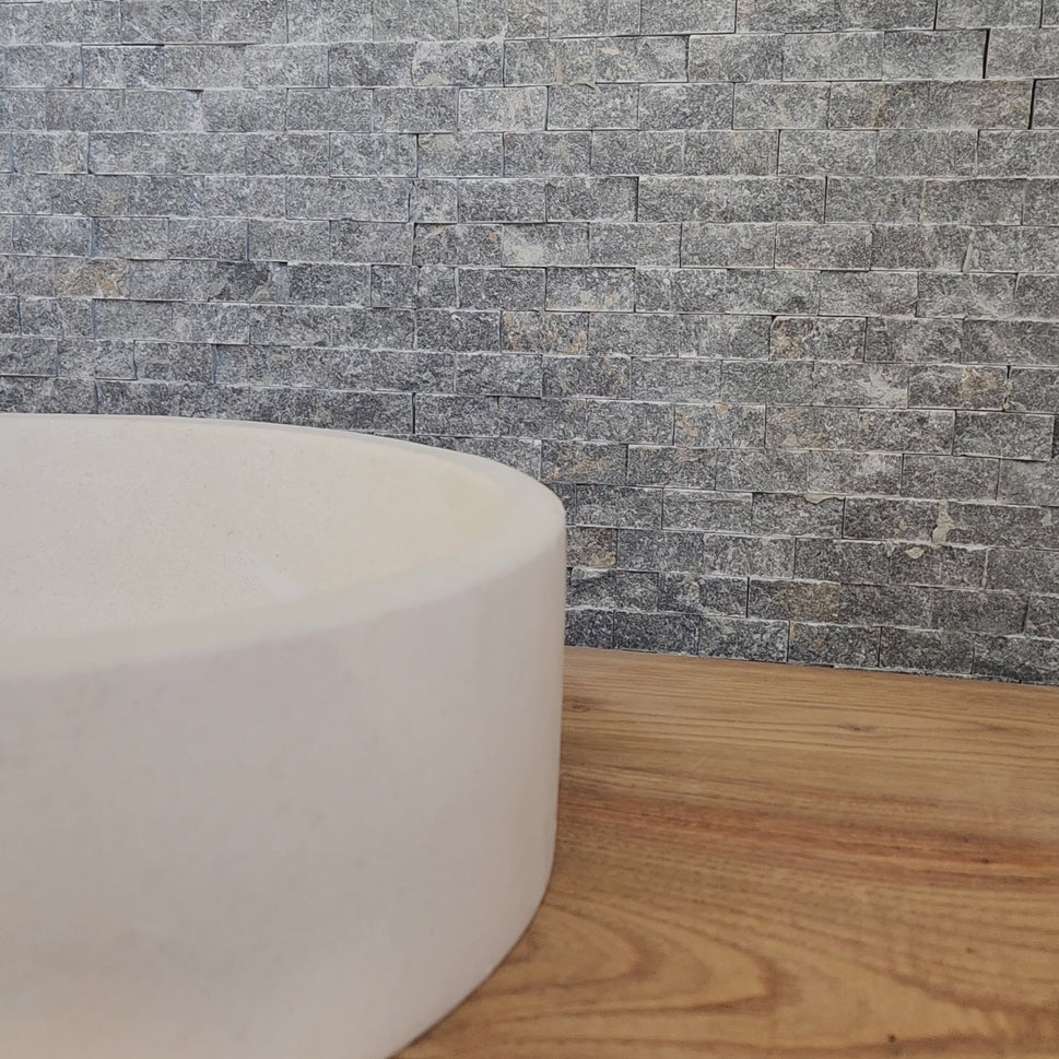 Cream Marble Flared Vessel Sink - Round Solid Stone Basin