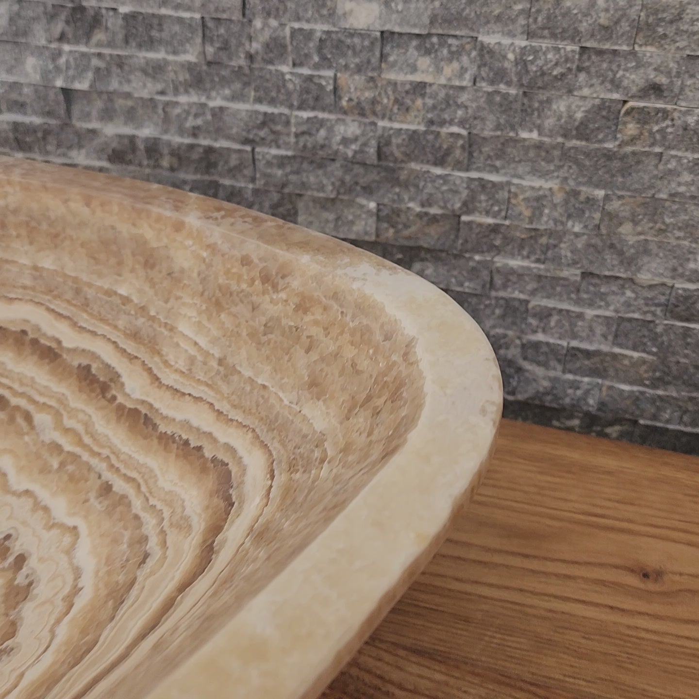 Triangular Exotic Onyx Vessel Sink - Hand-Carved Concentric Stone Basin