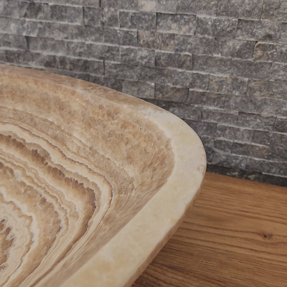 Triangular Exotic Onyx Vessel Sink - Hand-Carved Concentric Stone Basin