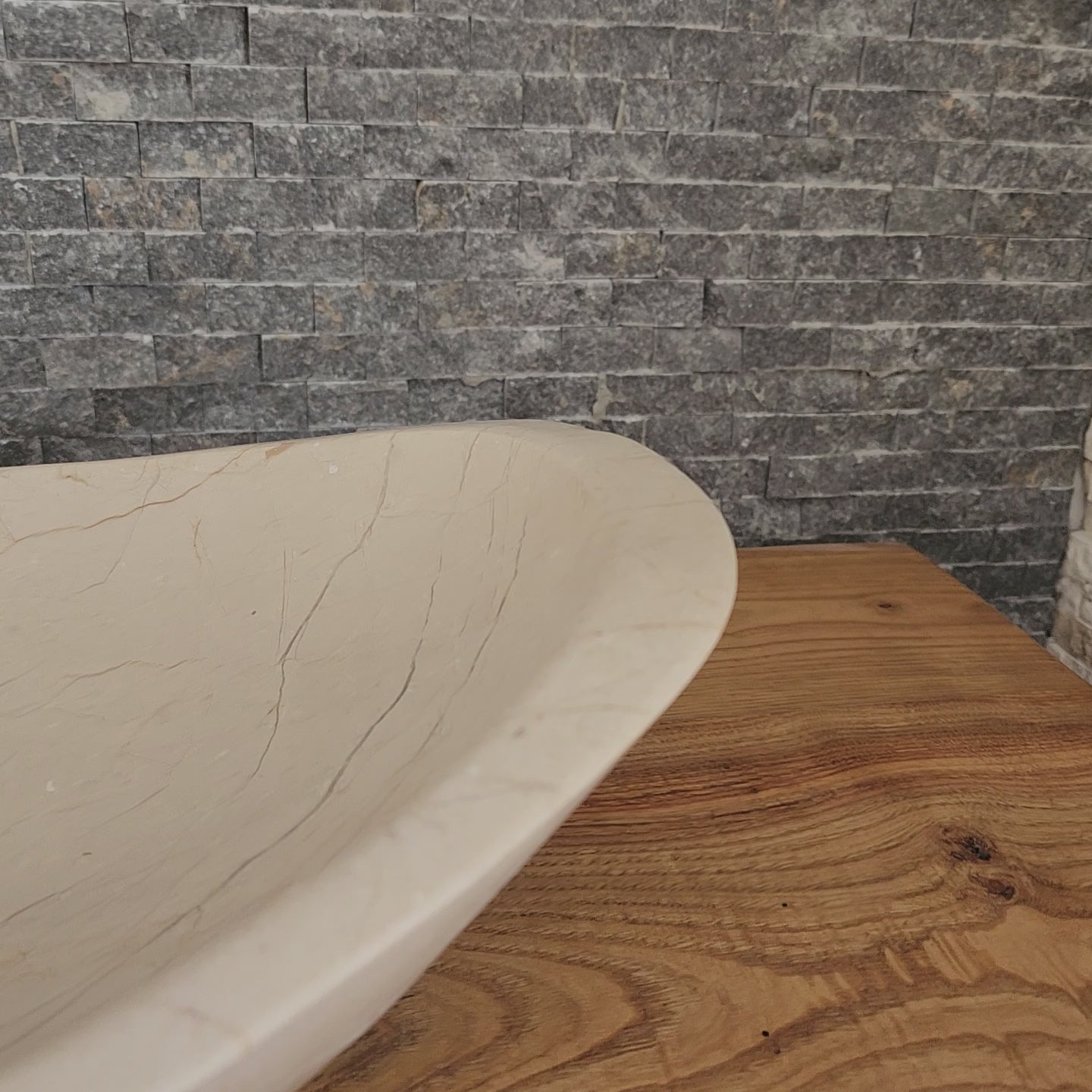 Cream Stone Boat-Shaped Vessel Sink - Sculptural Oval Basin