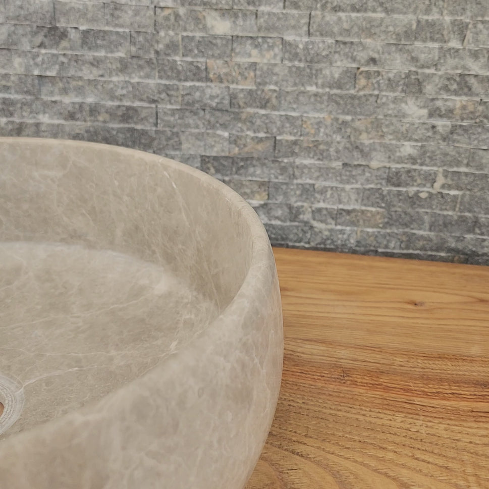 Polished Taupe Marble Vessel Sink - Round Solid Stone Basin