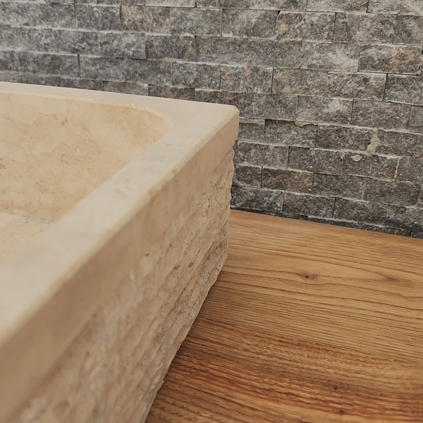 Solid Travertine D-Shaped Vessel Sink -  Chiseled Block Basin