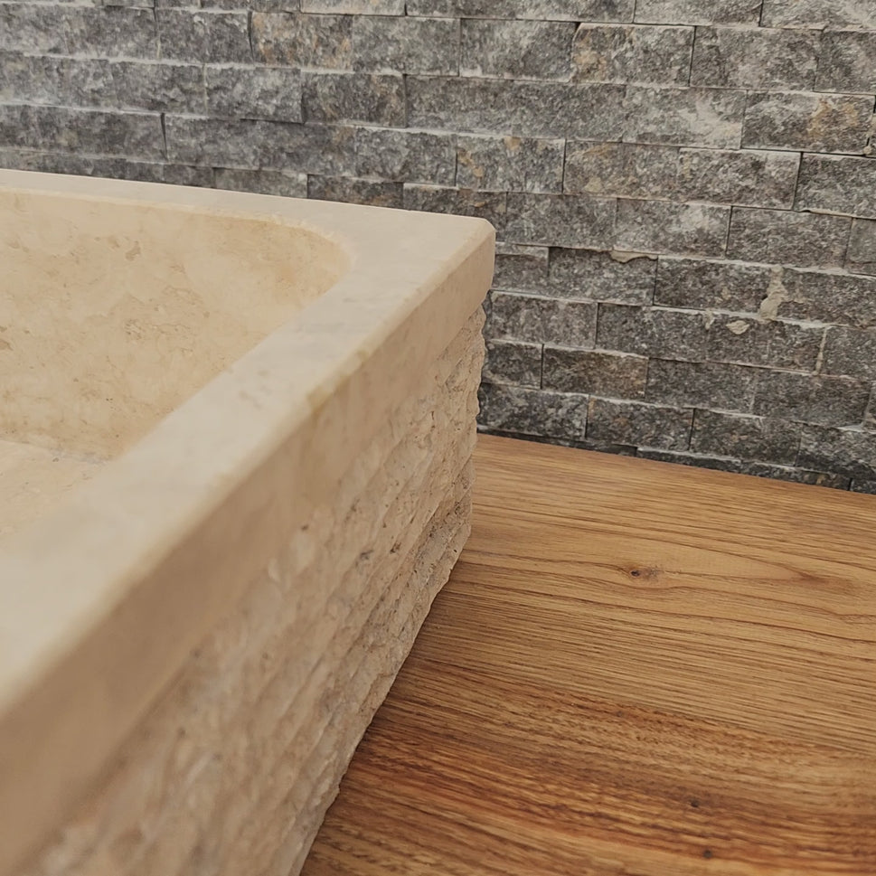 Solid Travertine D-Shaped Vessel Sink -  Chiseled Block Basin