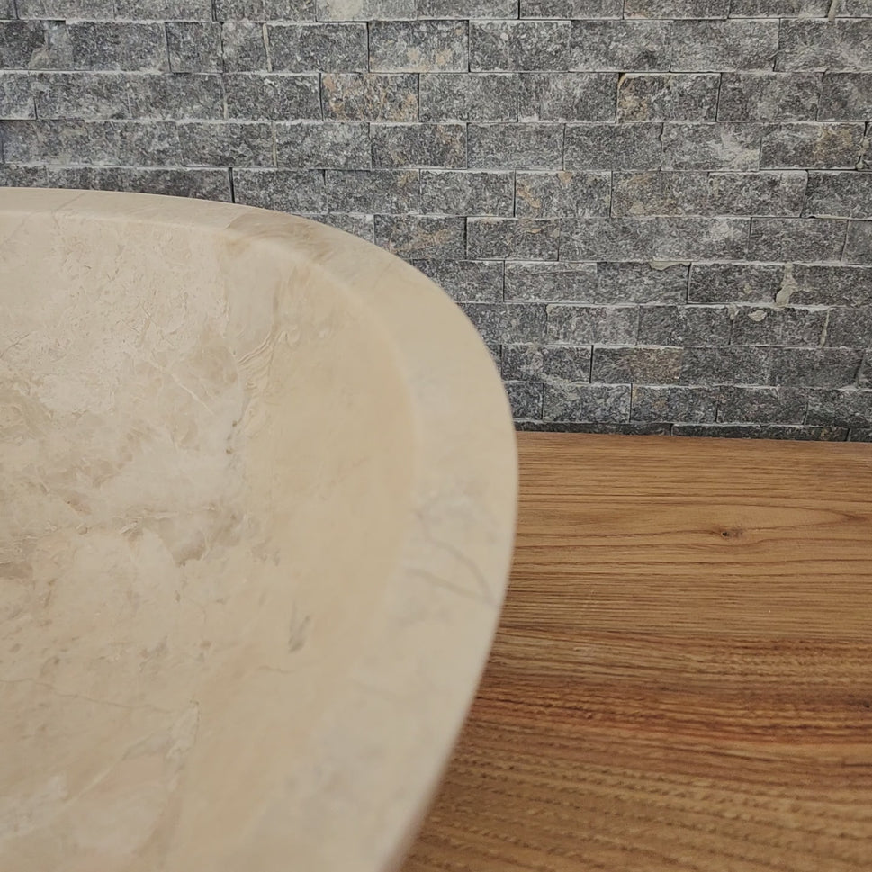 Hand-Carved Beige Marble Vessel Sink – Asymmetrical Organic Polished Stone Basin