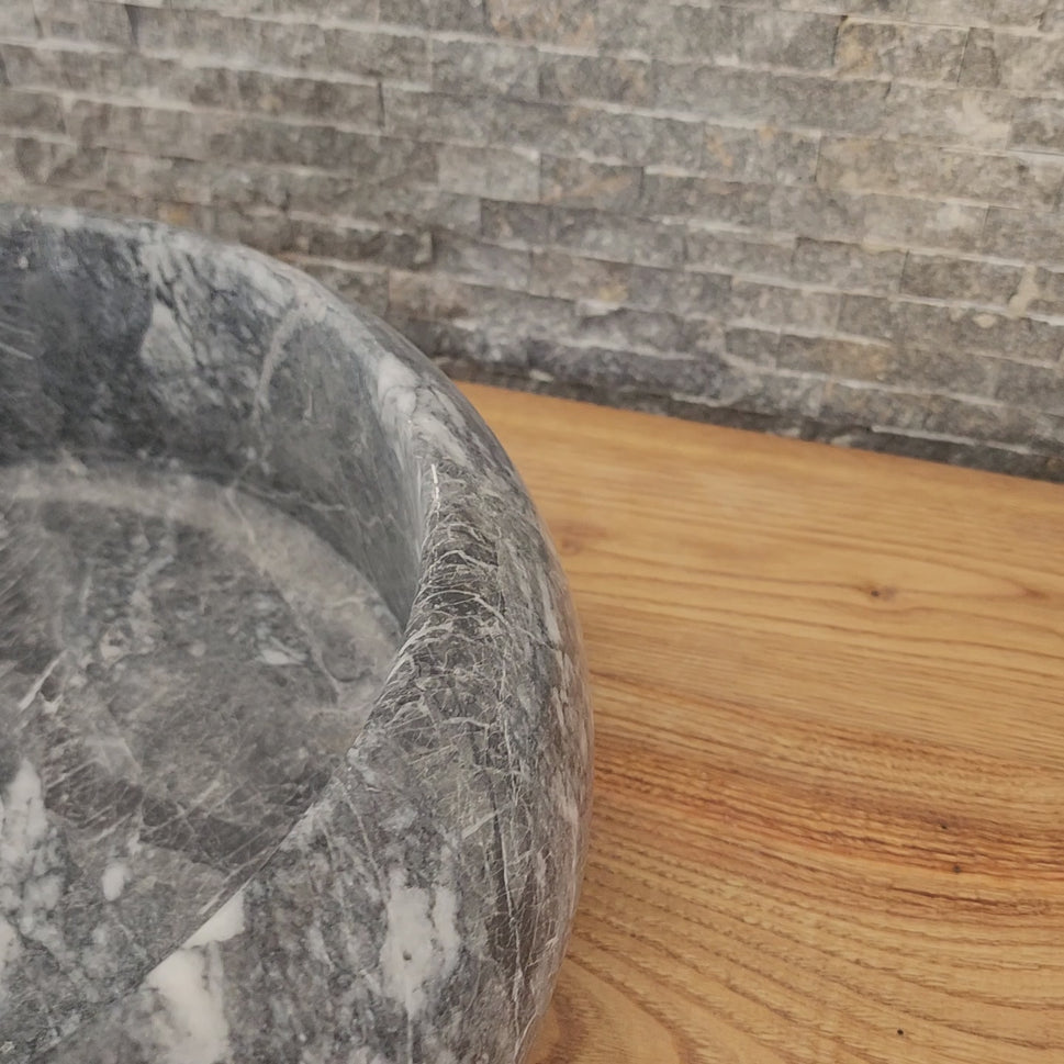 Gray Storm Marble Vessel Sink - Round Solid Stone Basin