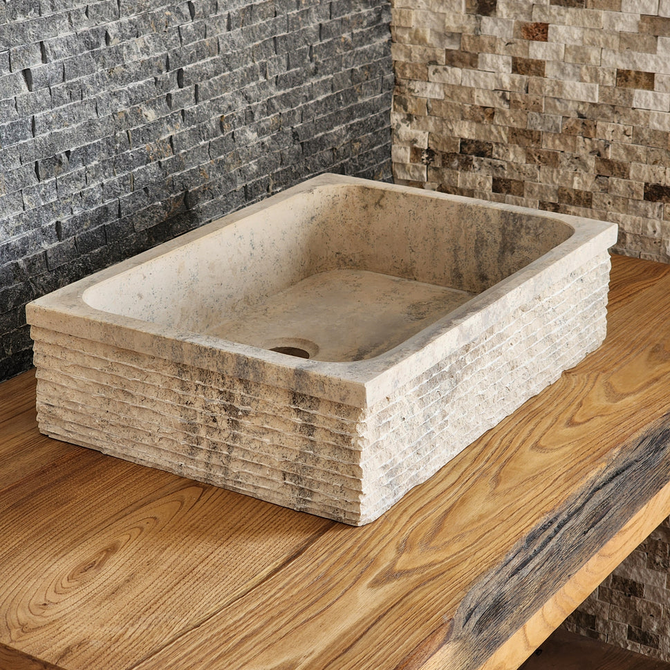 Rectangular Chiseled Travertine Block Sink - Raw Edge Natural Stone Basin