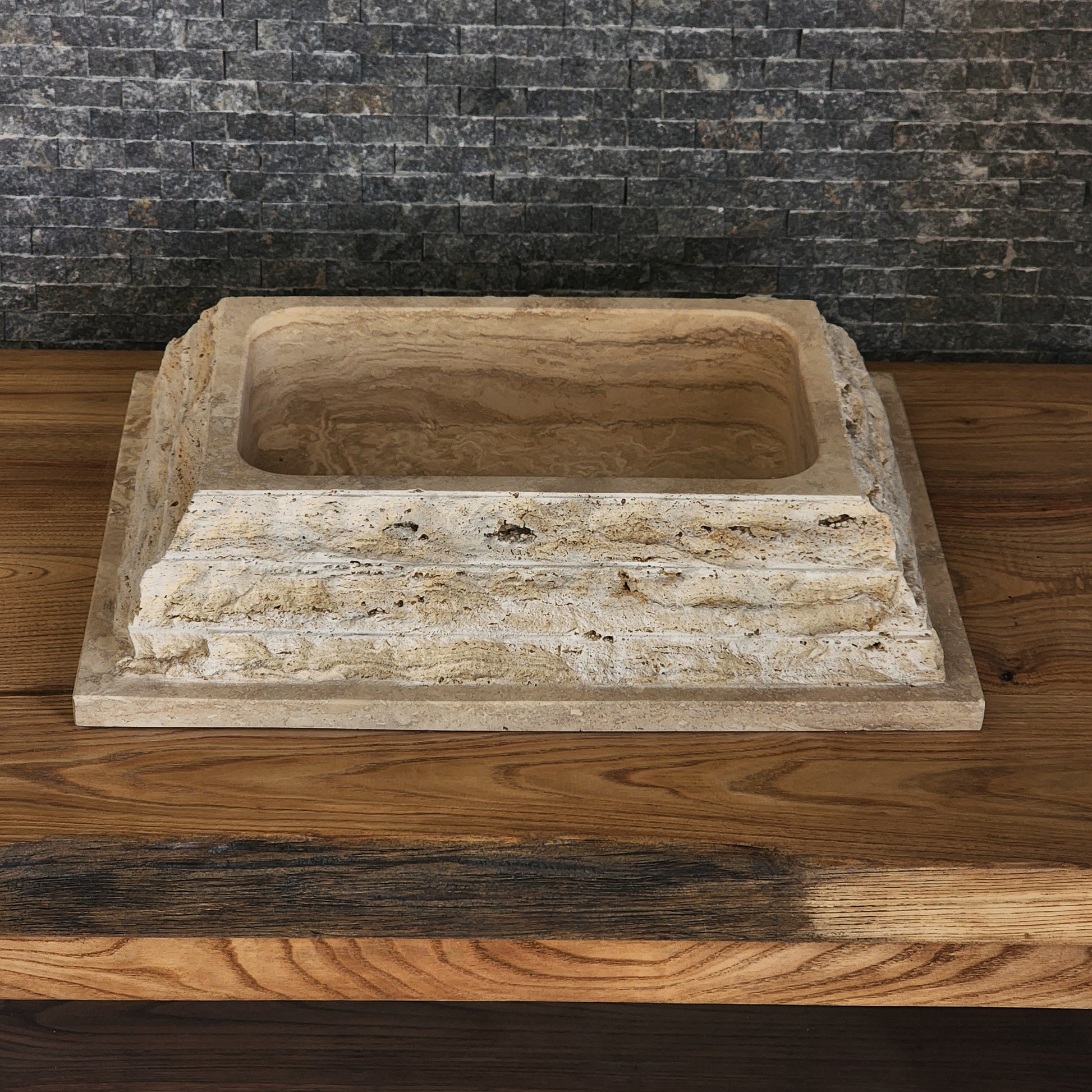 Rectangular Chiseled Travertine Block Sink - Raw Edge Natural Stone Basin