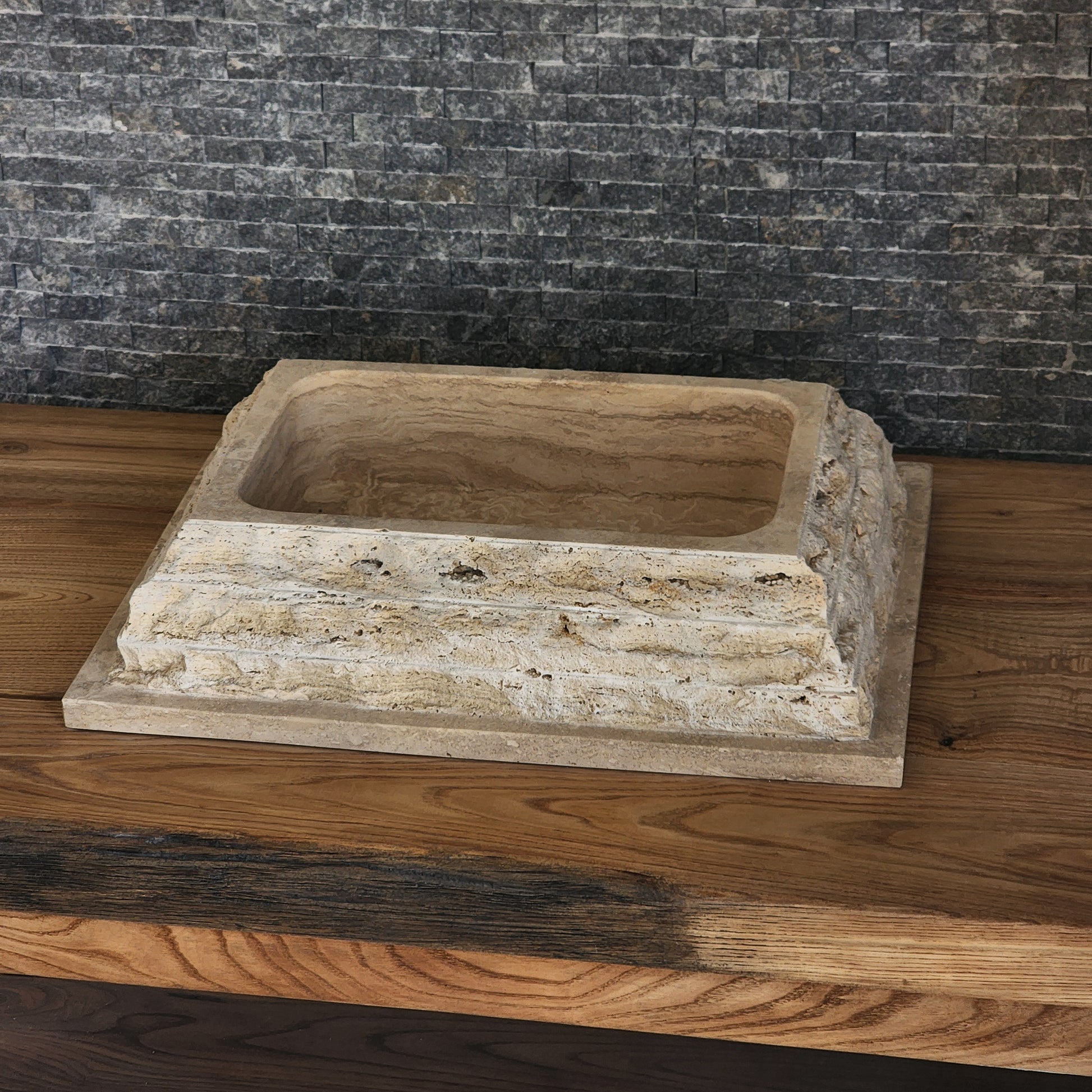 Rectangular Chiseled Travertine Block Sink - Raw Edge Natural Stone Basin