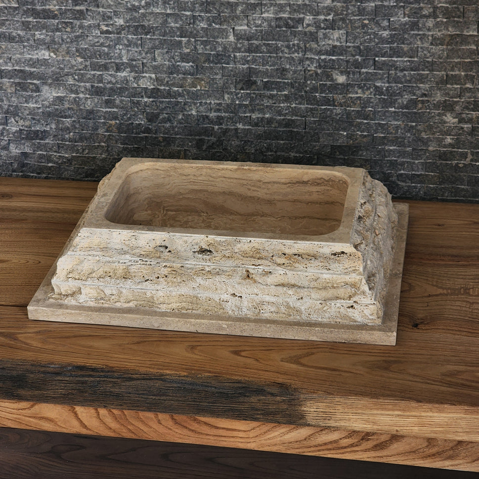Rectangular Chiseled Travertine Block Sink - Raw Edge Natural Stone Basin