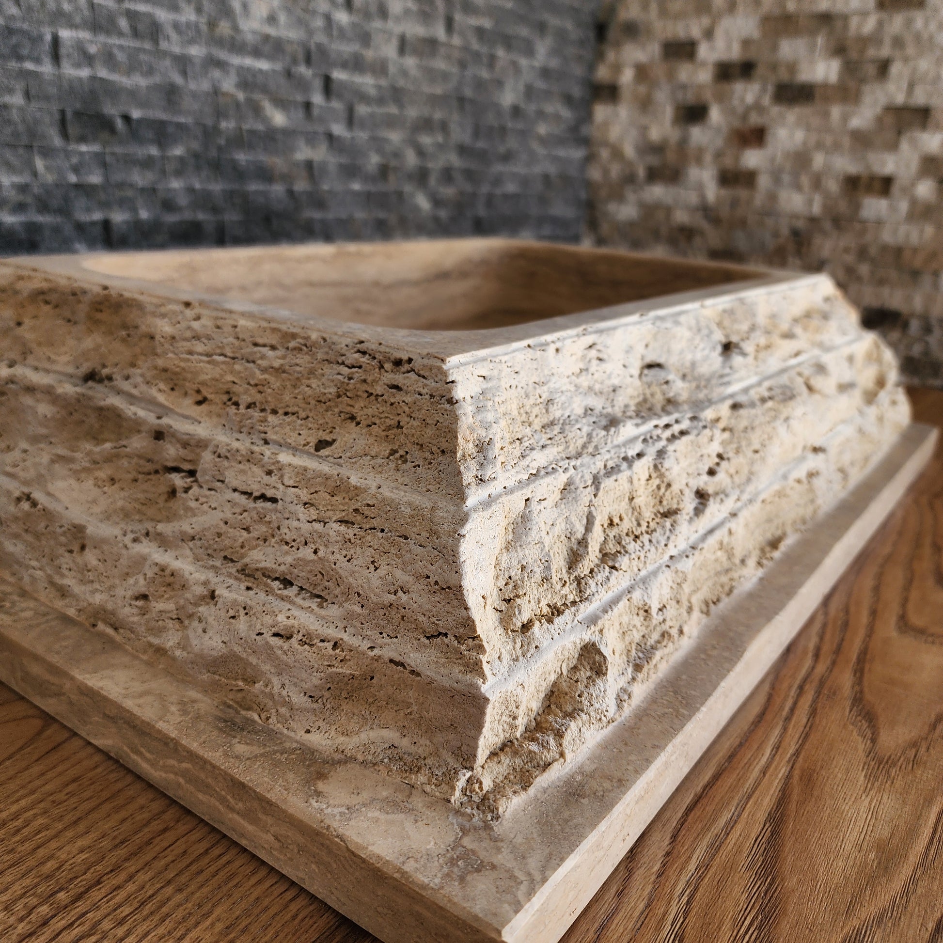 Rectangular Chiseled Travertine Block Sink - Raw Edge Natural Stone Basin