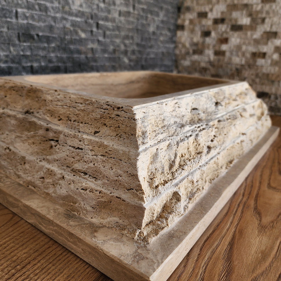 Rectangular Chiseled Travertine Block Sink - Raw Edge Natural Stone Basin
