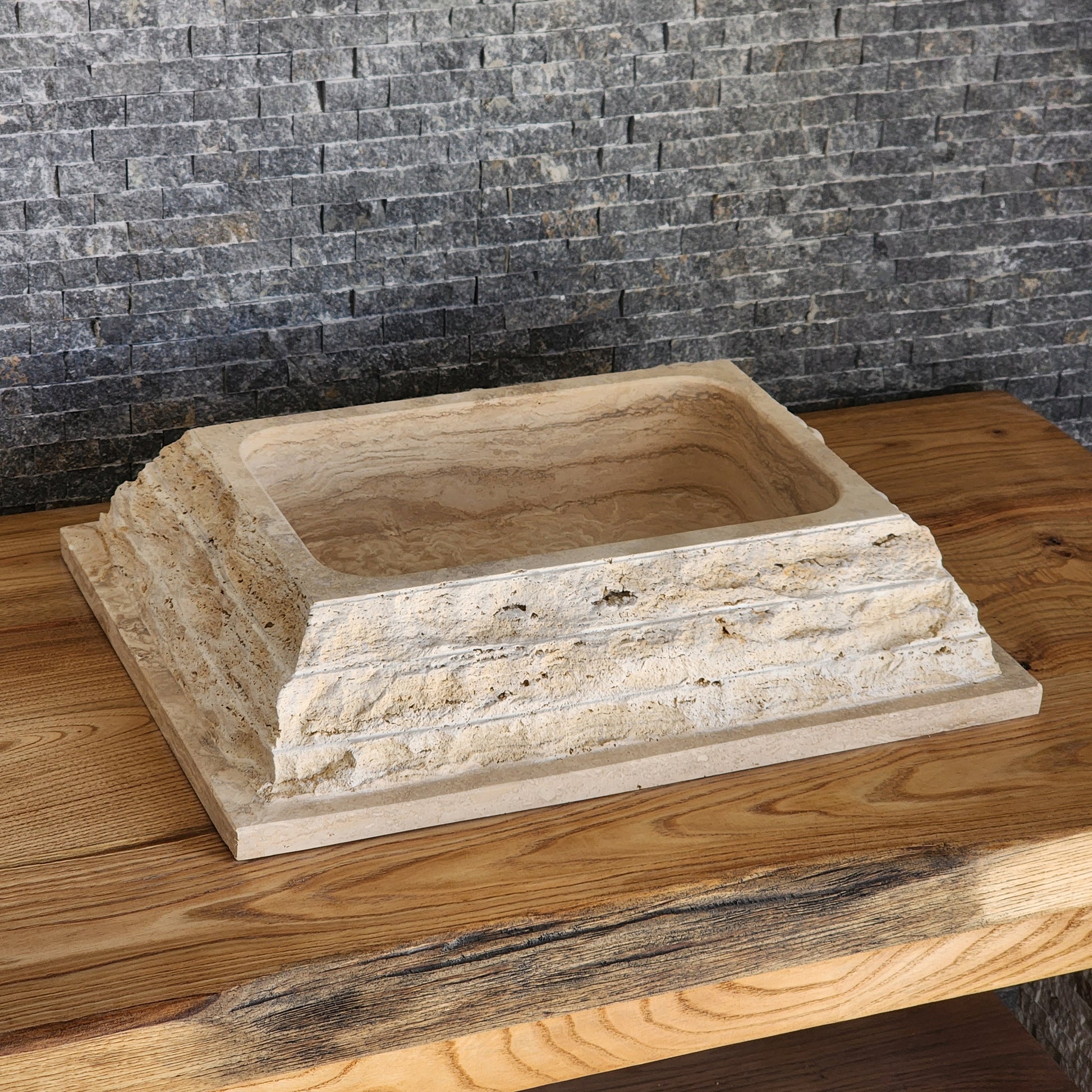 Rectangular Chiseled Travertine Block Sink - Raw Edge Natural Stone Basin