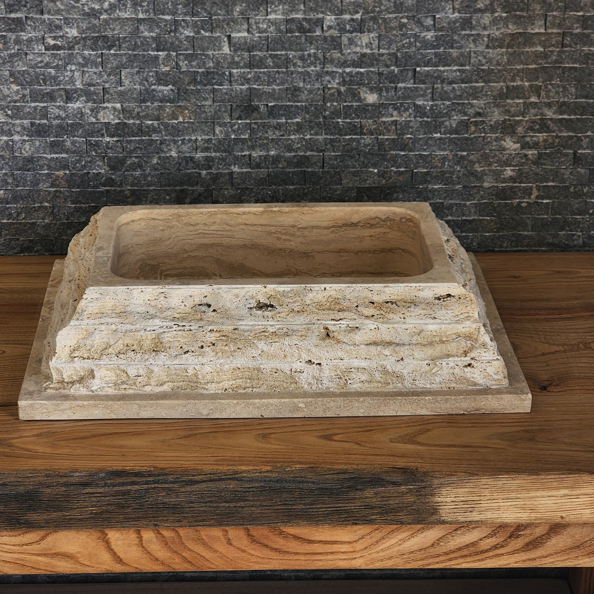 Rectangular Chiseled Travertine Block Sink - Raw Edge Natural Stone Basin
