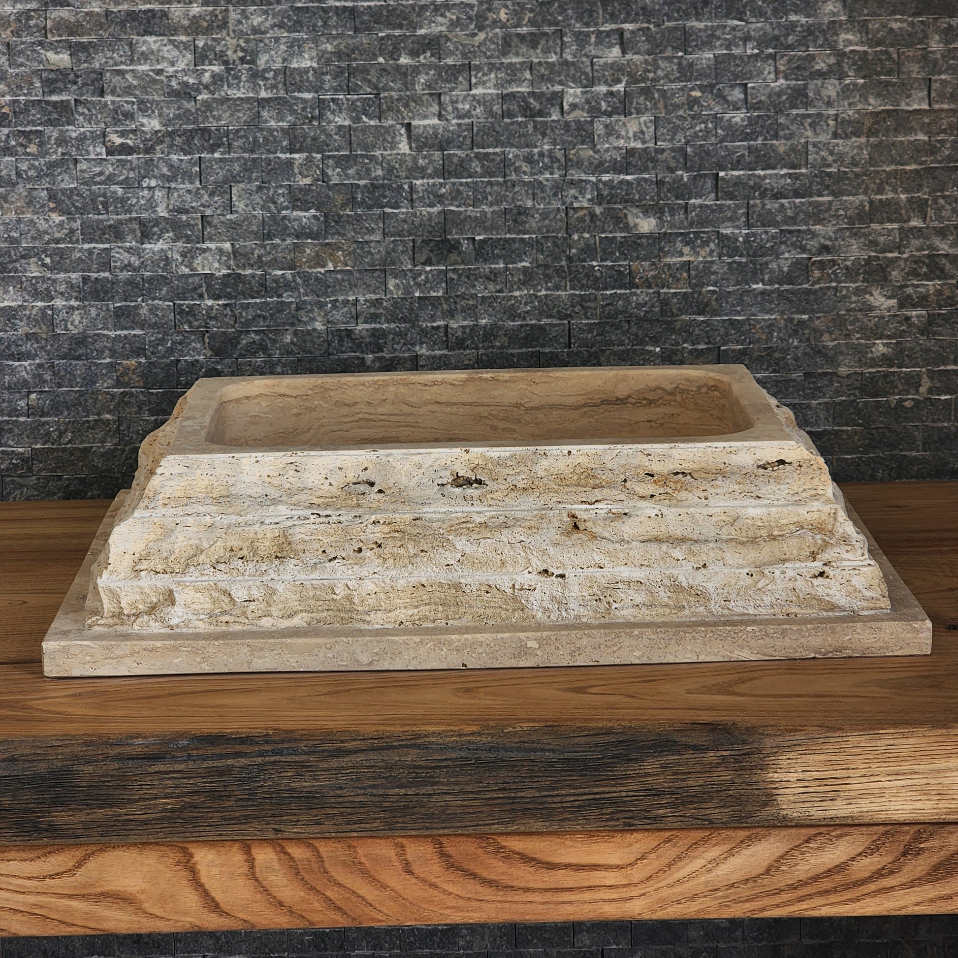 Rectangular Chiseled Travertine Block Sink - Raw Edge Natural Stone Basin