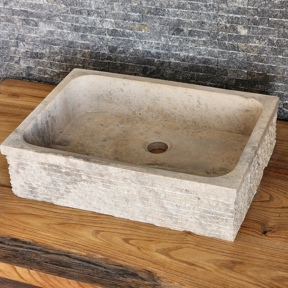 Rectangular Chiseled Travertine Block Sink - Raw Edge Natural Stone Basin