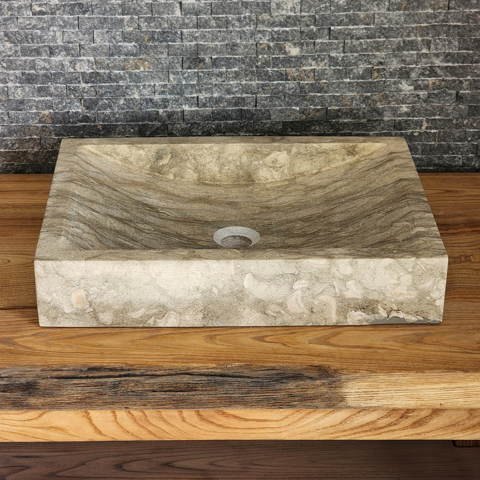 Rectangular Earth-Veined Marble Sink - Honed Solid Stone Basin