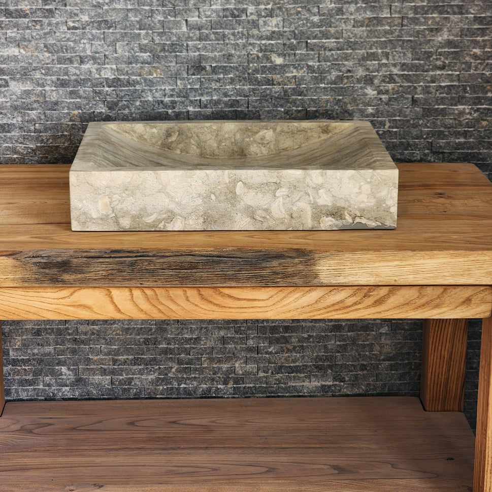Rectangular Earth-Veined Marble Sink - Honed Solid Stone Basin