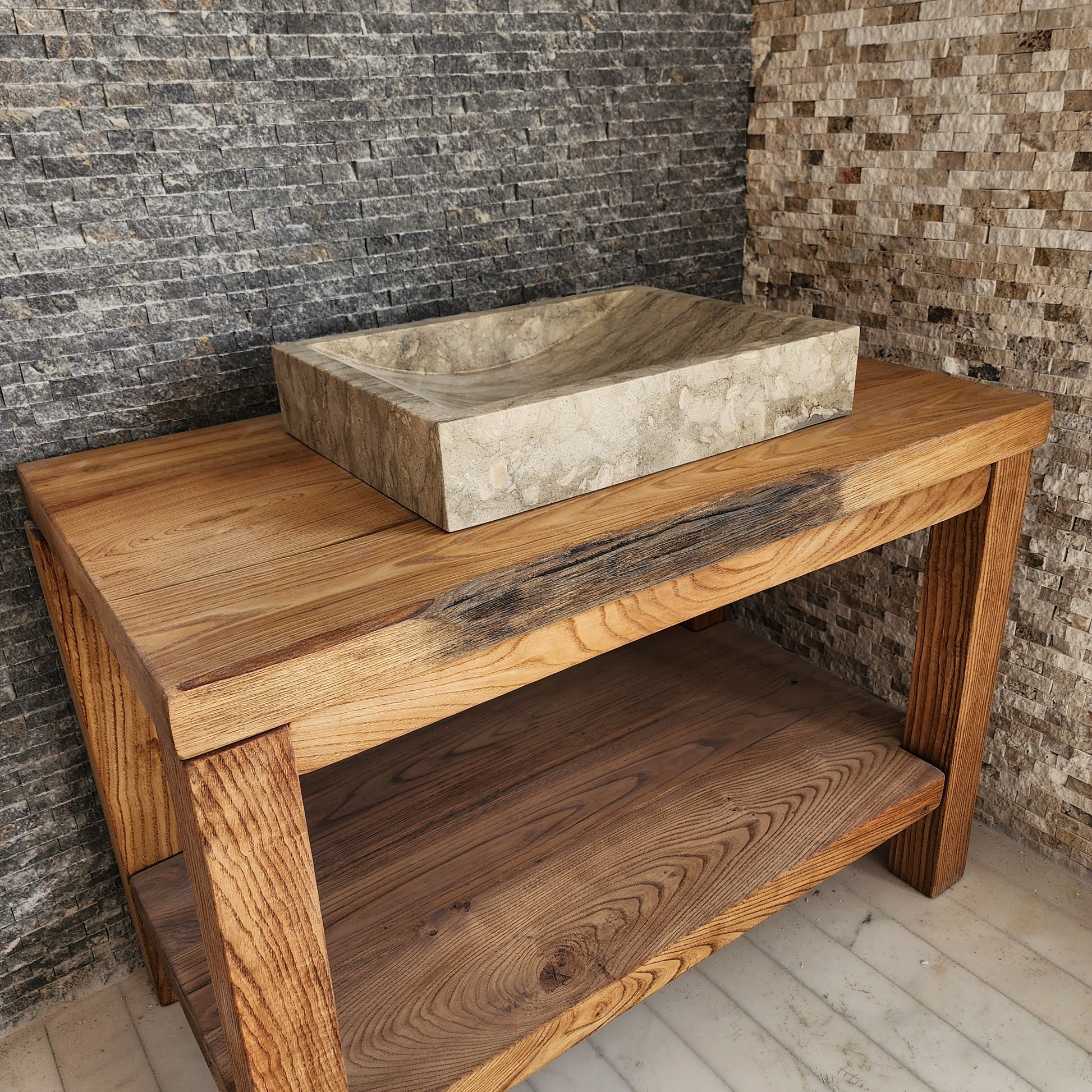 Rectangular Earth-Veined Marble Sink - Honed Solid Stone Basin