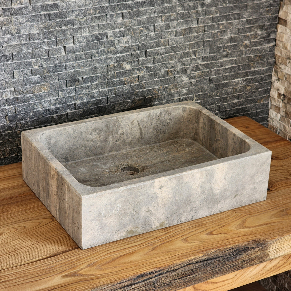 Rectangular Silver Travertine Vessel Sink - Solid Block Stone Basin