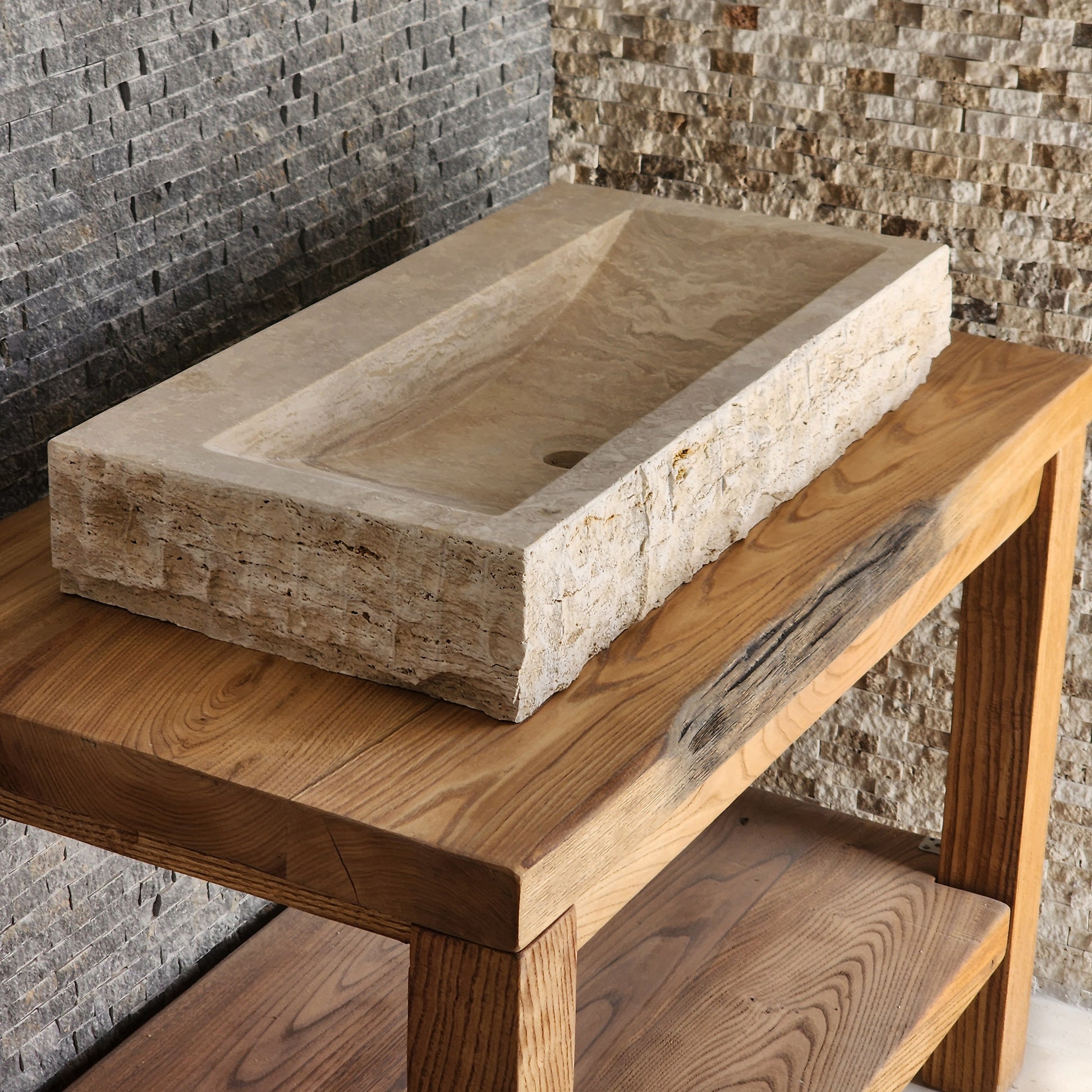 Rectangular Travertine Chiseled Trough Sink - Solid Stone Large Basin