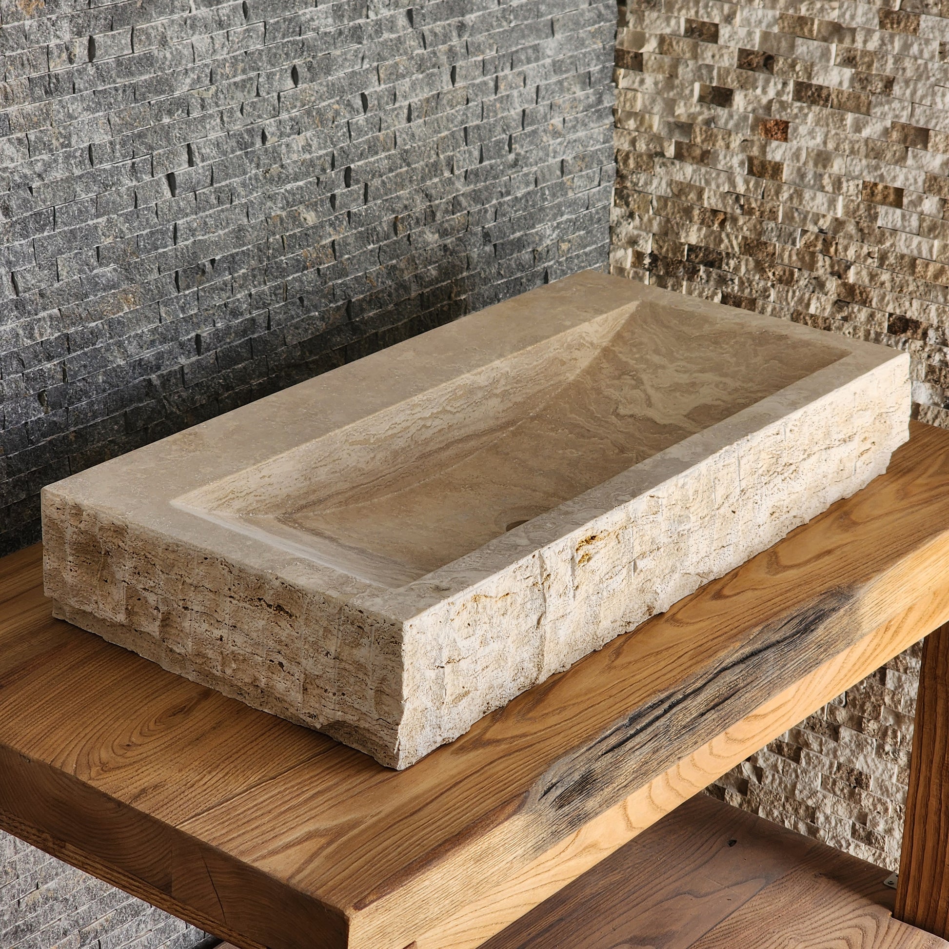 Rectangular Travertine Chiseled Trough Sink - Solid Stone Large Basin