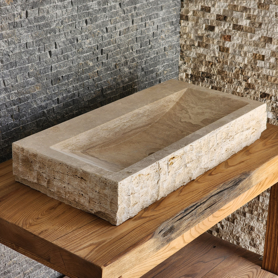 Rectangular Travertine Chiseled Trough Sink - Solid Stone Large Basin