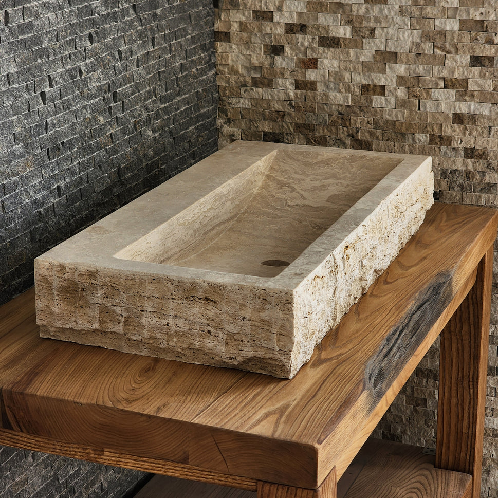 Rectangular Travertine Chiseled Trough Sink - Solid Stone Large Basin
