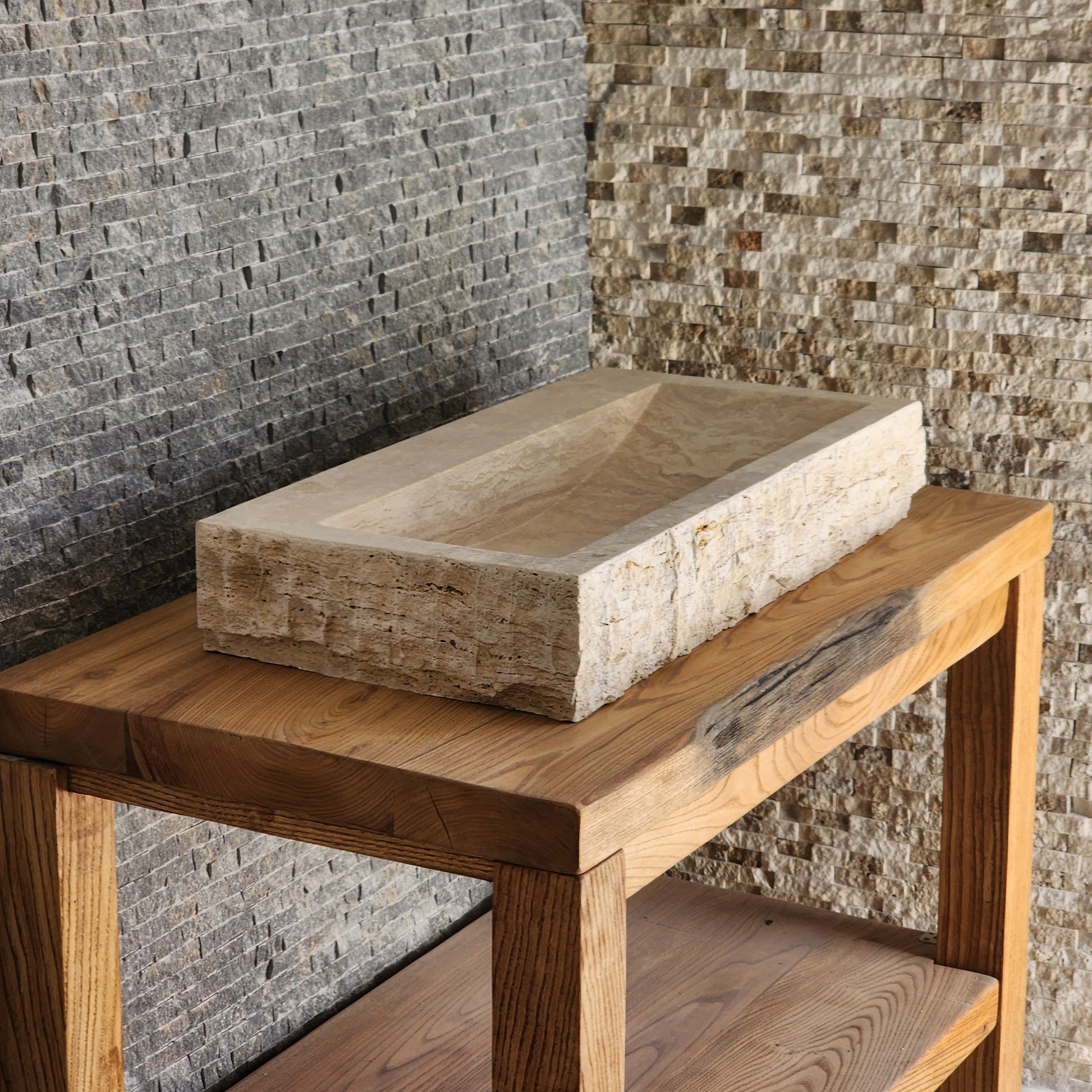 Rectangular Travertine Chiseled Trough Sink - Solid Stone Large Basin
