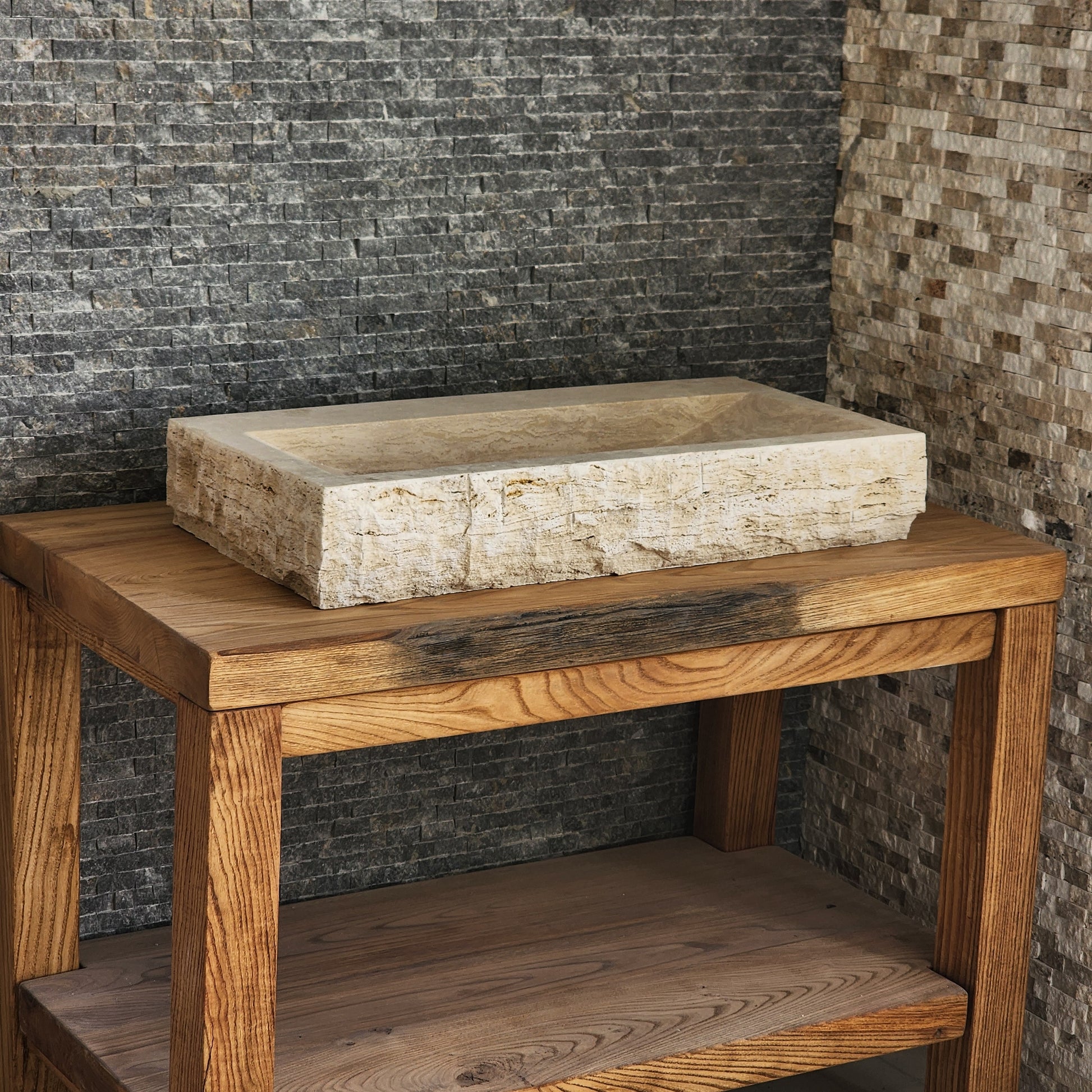 Rectangular Travertine Chiseled Trough Sink - Solid Stone Large Basin
